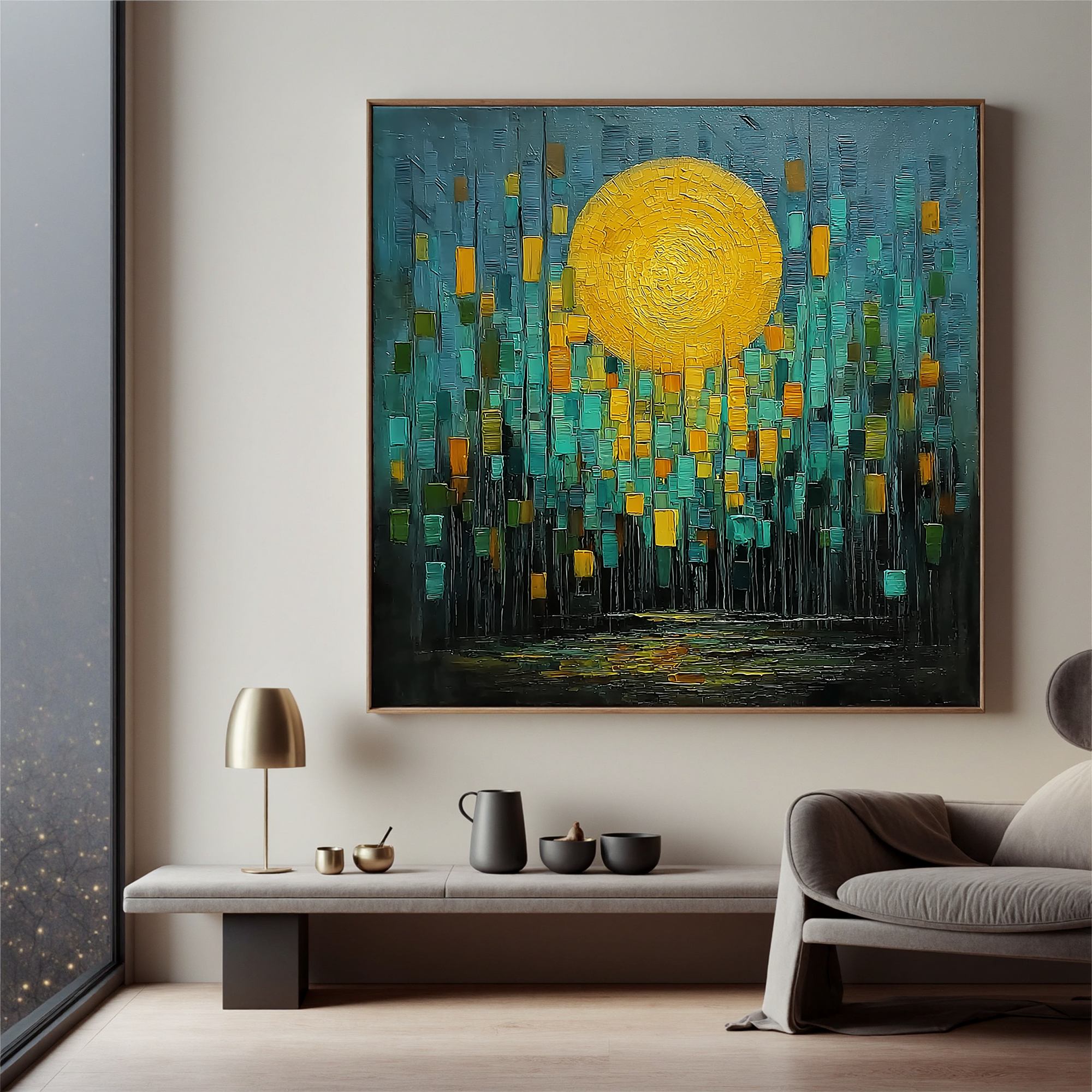 Abstract Golden Moon Oil Painting | Modern Teal & Gold Textured Wall Art for Living Room Decor #OA 0432