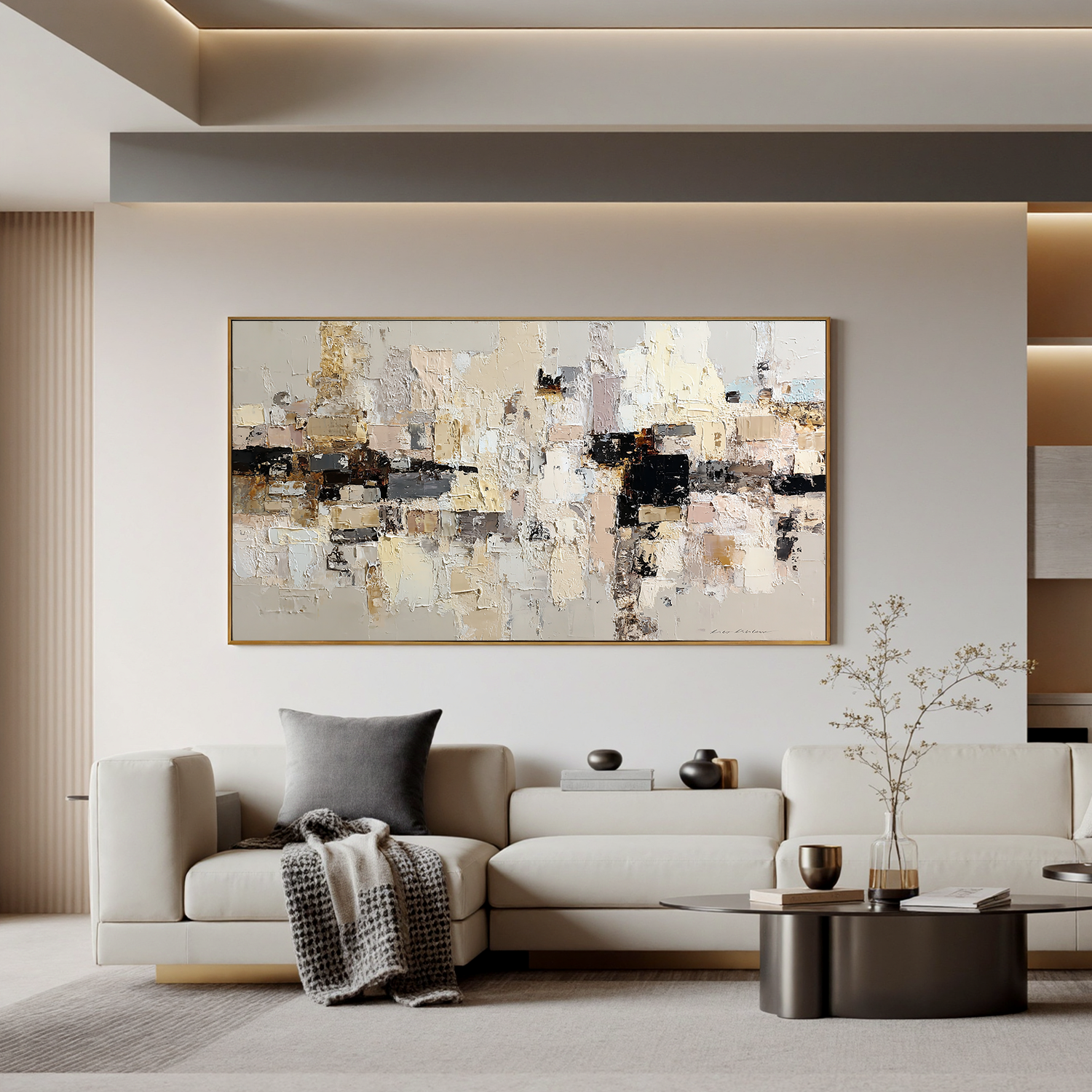 Large Neutral Textured Abstract Canvas Wall Art – Beige Cream Collage Painting for Modern Living Room Decor#OA 0881