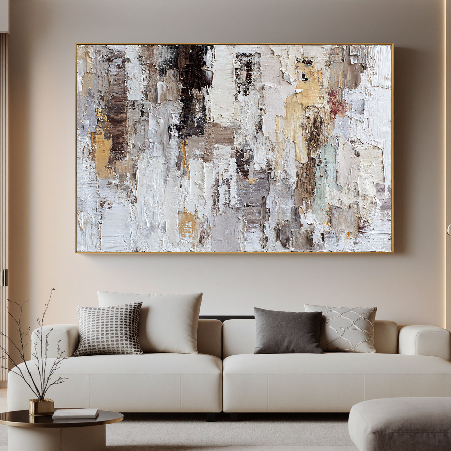 Large Horizontal Neutral Textured Wall Art – Beige Brown Abstract Canvas for Modern Living Room Decor#OA 0835