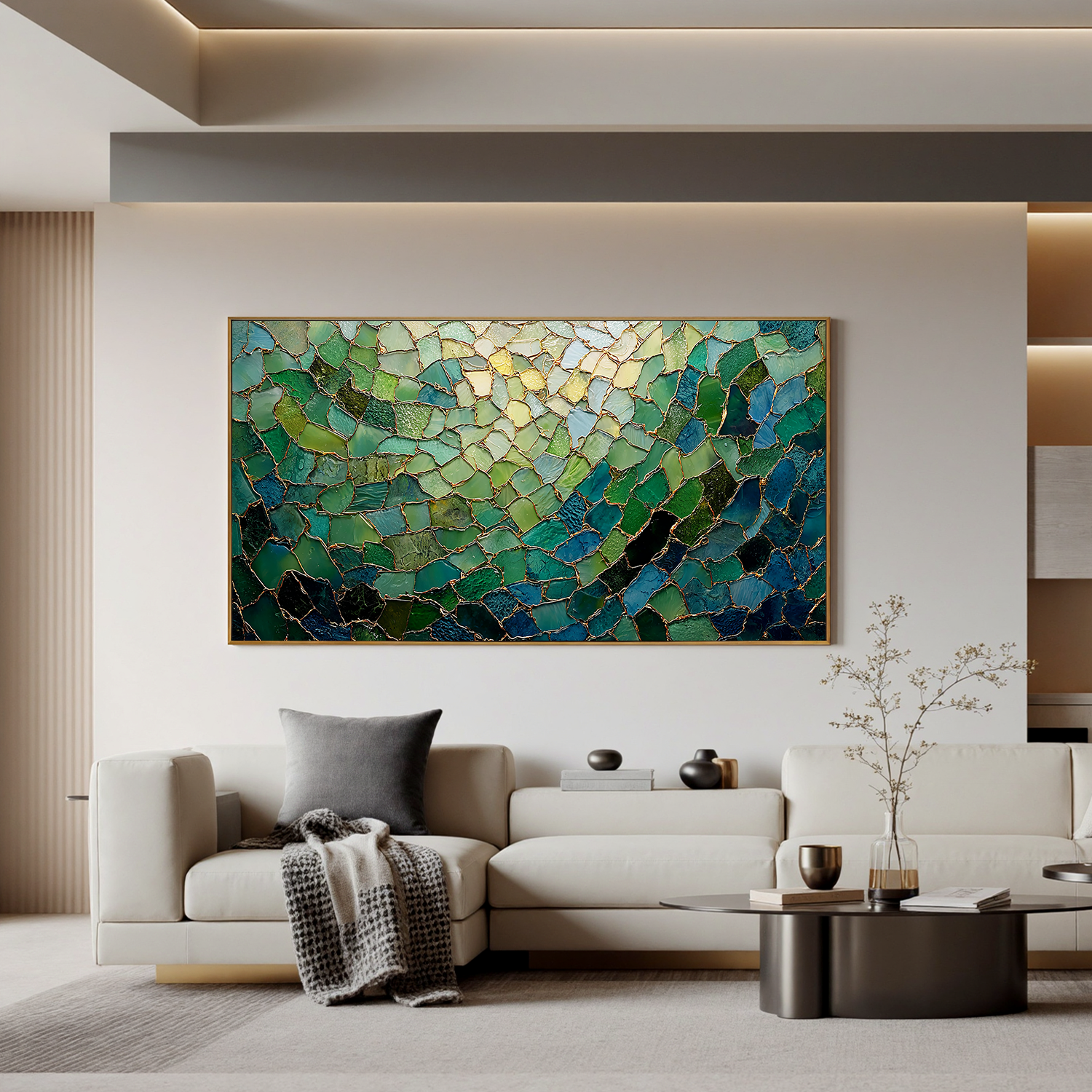 Green Abstract Mosaic Wall Art – Modern Emerald and Gold Textured Canvas Painting for Living Room Decor #OA 0818
