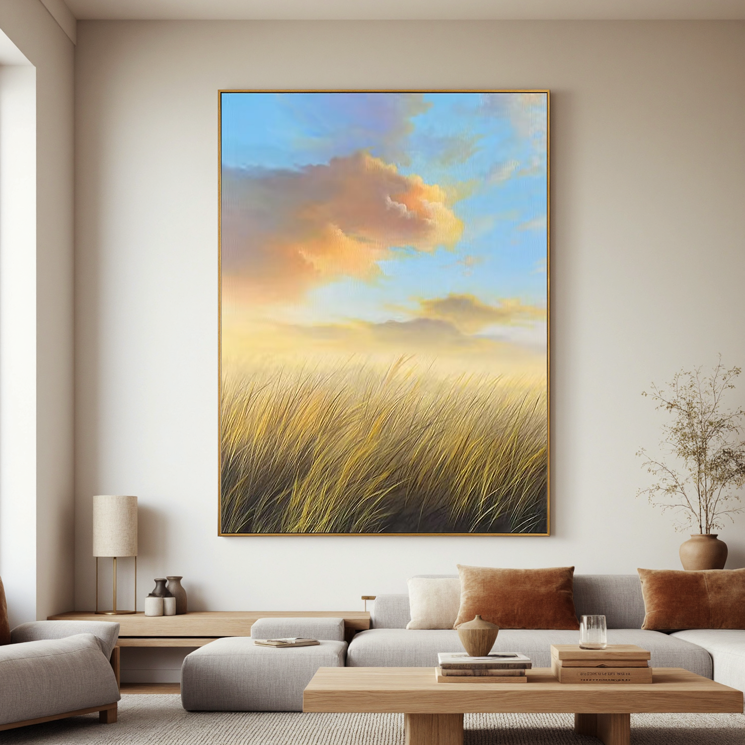 Golden Meadow Landscape Wall Art – Serene Sunrise Field Canvas Painting for Living Room Decor #OA 0800