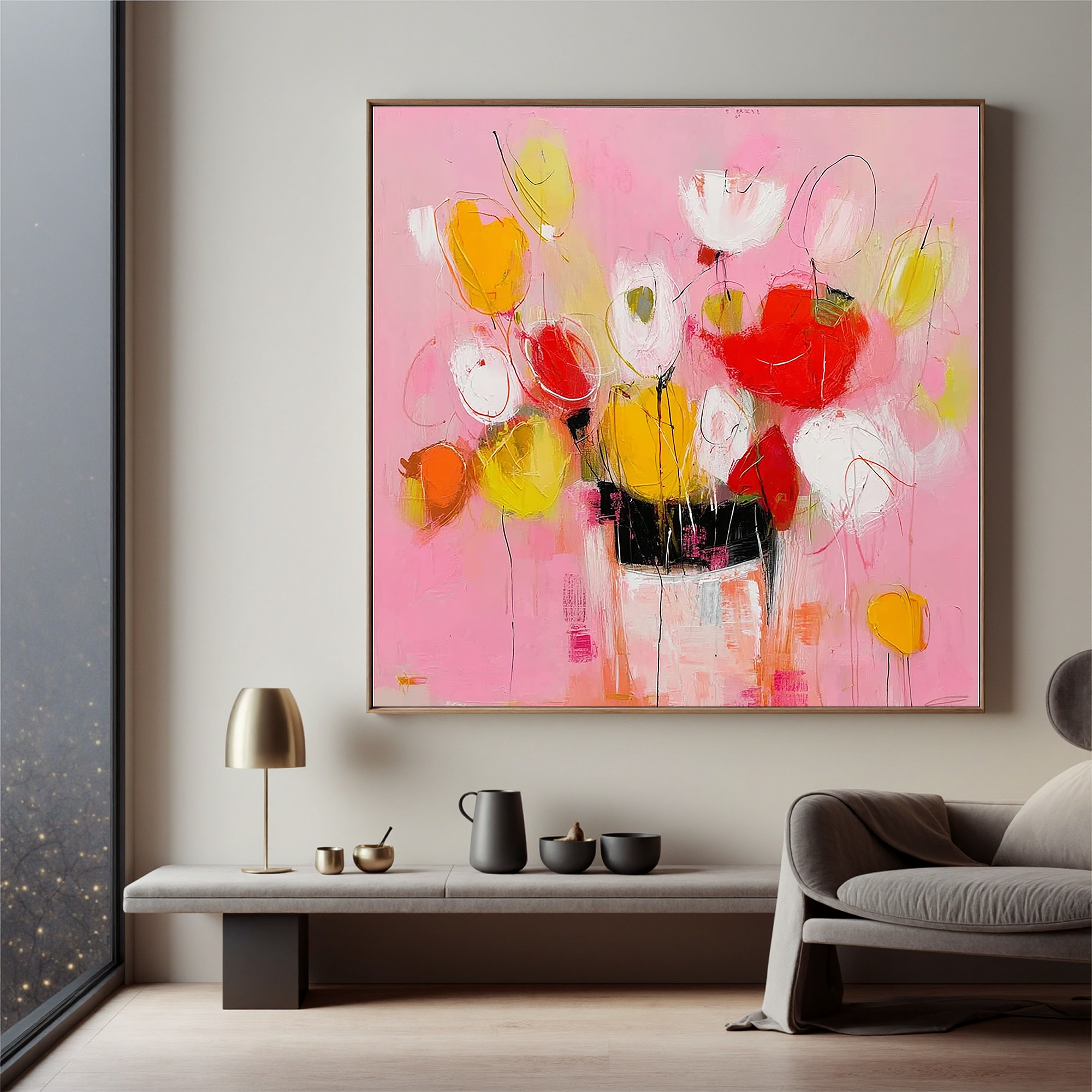 Pink Floral Oil Painting Canvas – Modern Abstract Flower Vase Wall Art for Living Room Home Decor#OA 0487