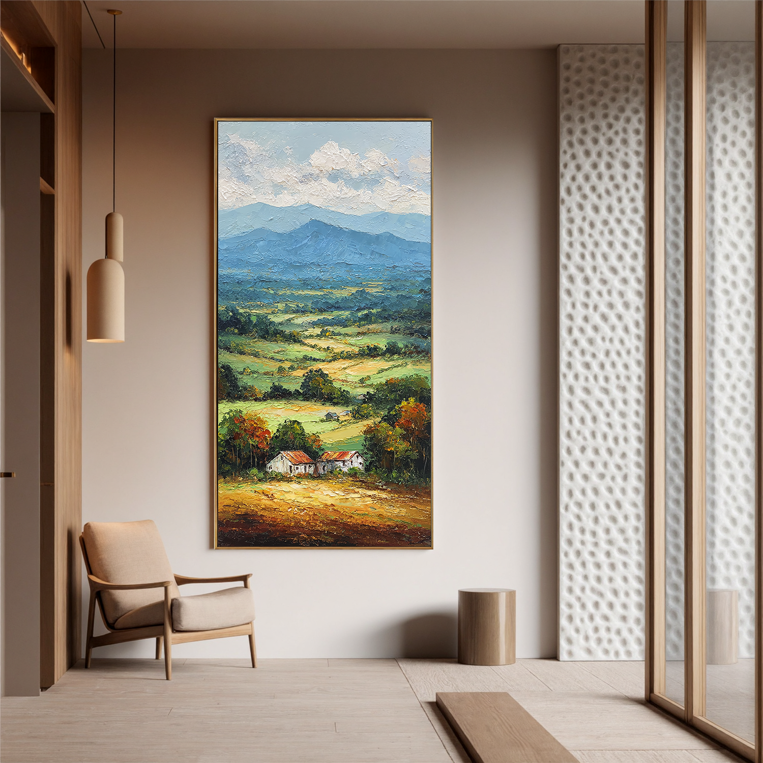 Vertical Countryside Landscape Oil Painting – Rustic Mountain Valley Canvas Wall Art#OA 0891