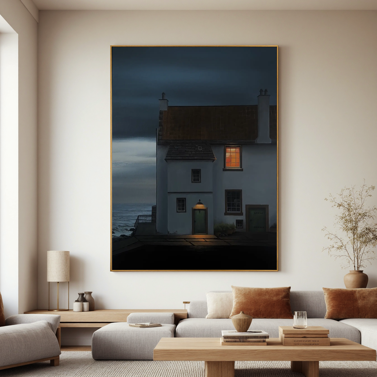 Coastal Cottage at Night Wall Art, Moody Seaside House with Warm Window Light Canvas for Living Room Decor #OA 0752