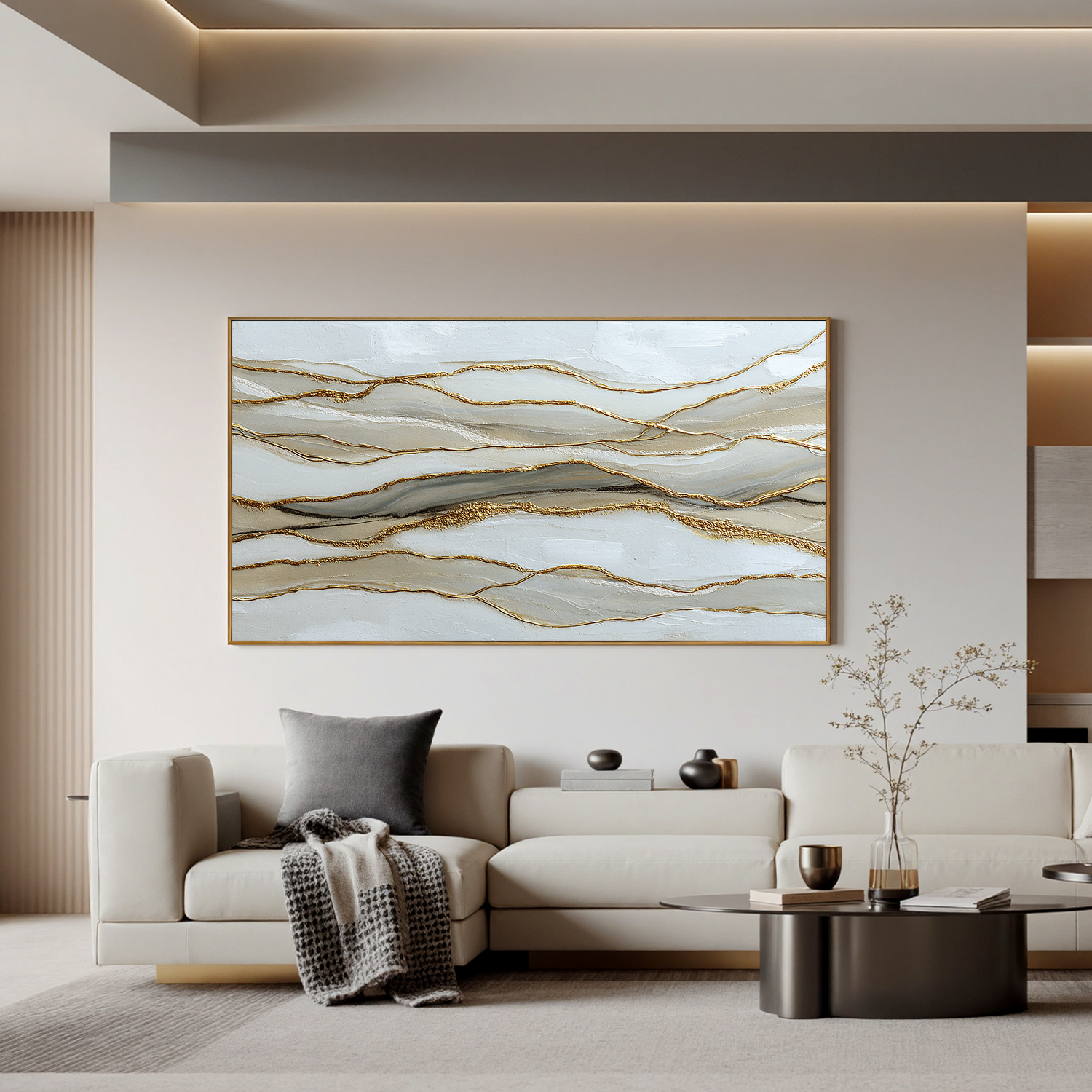 Large Horizontal Abstract Canvas Wall Art – Neutral Beige White and Gold Textured Painting for Modern Living Room Decor#OA 0870