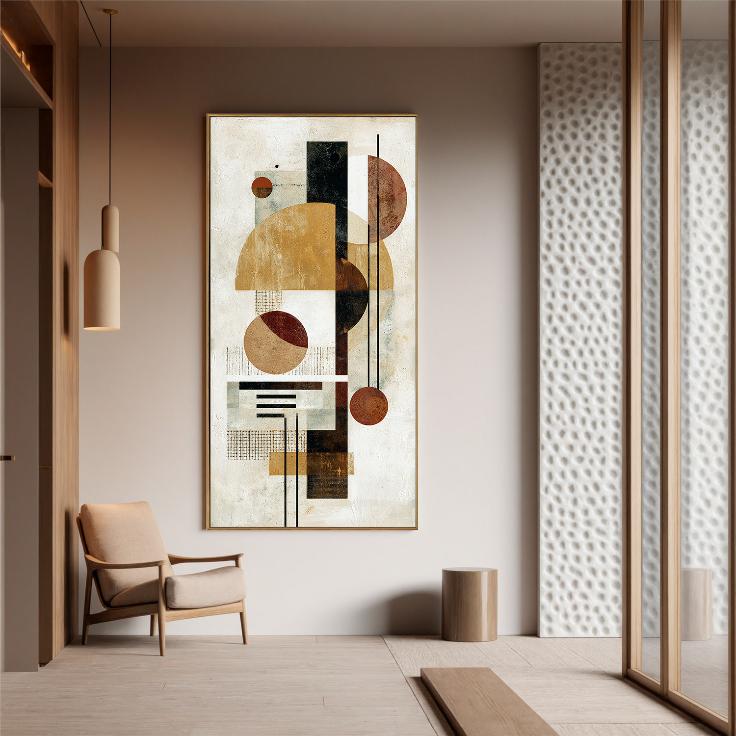 Mid Century Modern Geometric Abstract Canvas Wall Art – Neutral Beige and Rust Vertical Bauhaus Style Painting for Living Room Decor#OA 0863