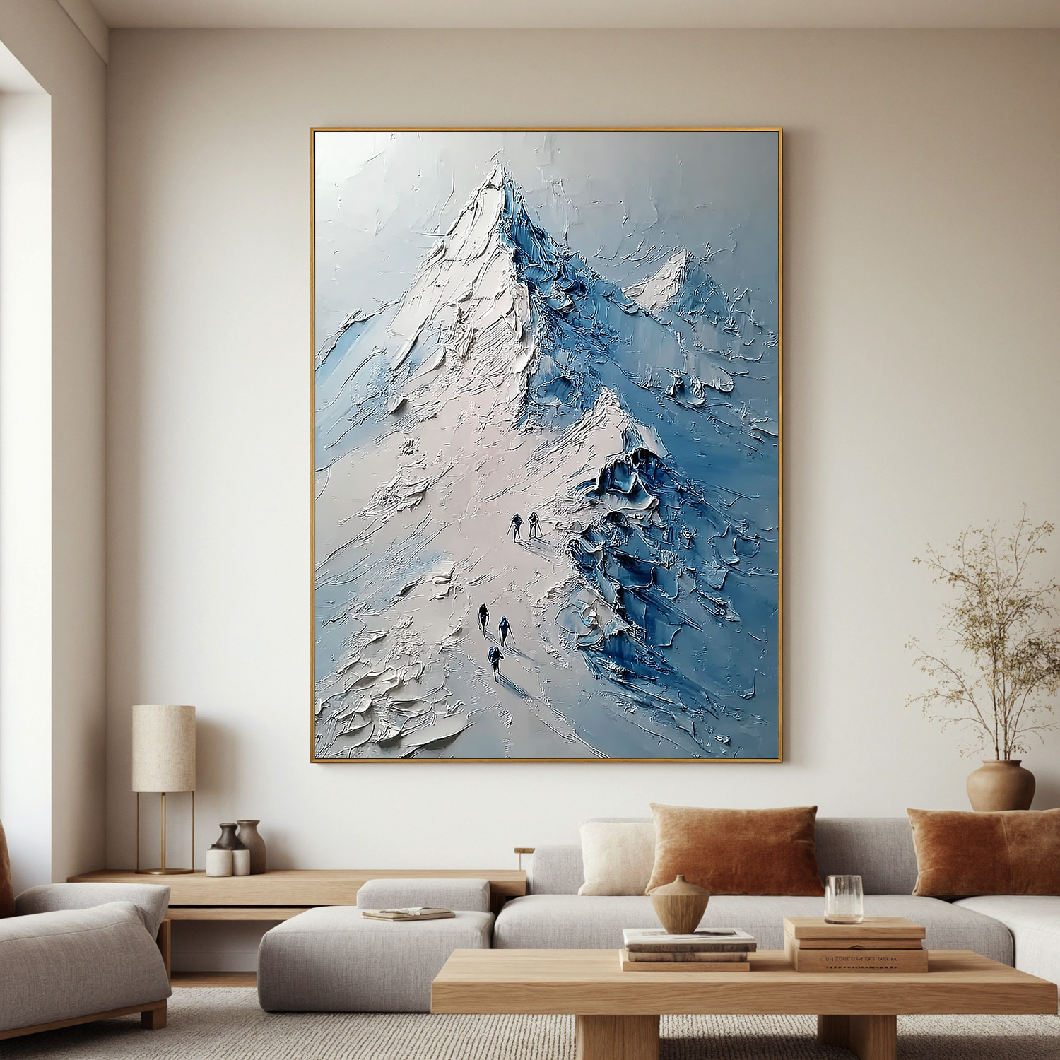 Textured Snow Mountain Oil Painting, Blue and White Alpine Landscape Wall Art for Living Room Decor#OA 0541