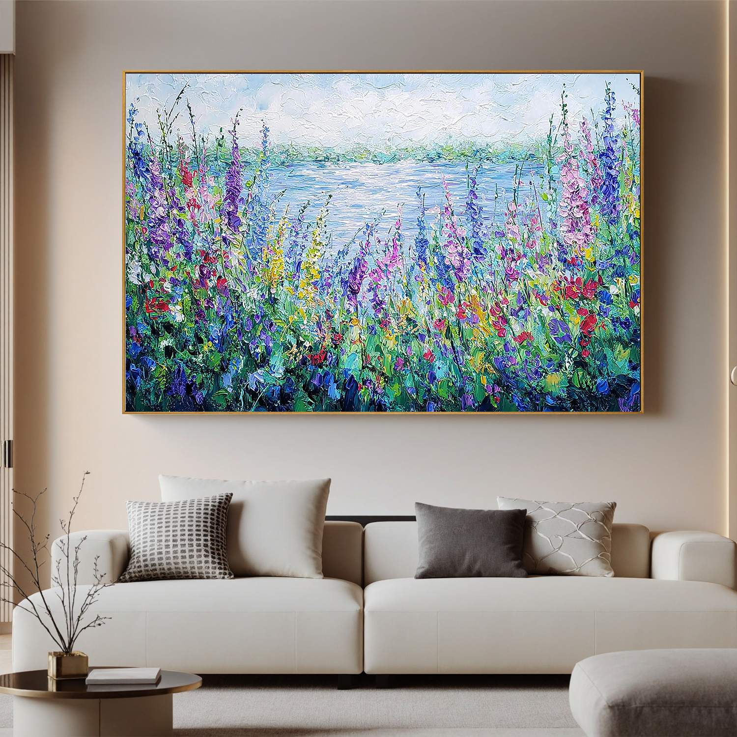 Colorful Wildflower Lake Wall Art, Textured Garden Landscape Canvas Painting for Living Room Décor #OA 0407