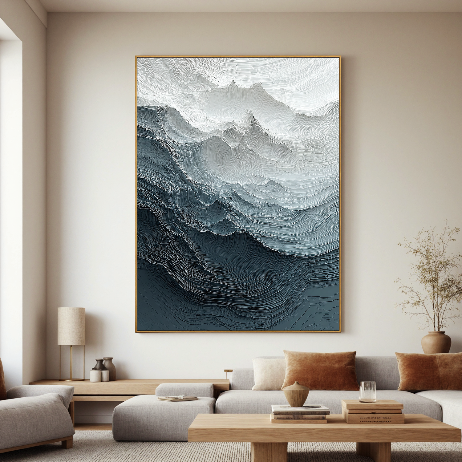 Textured Mountain Oil Painting, Blue Gray Abstract Landscape Wall Art for Living Room Decor#OA 0585
