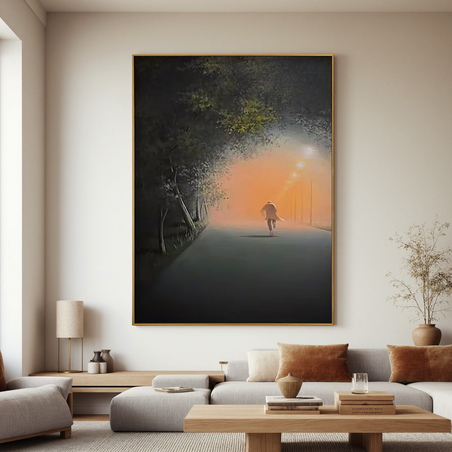 Moody Foggy Street Wall Art, Solitary Figure Walking Under Streetlights Canvas Painting for Modern Home Decor #OA 0767