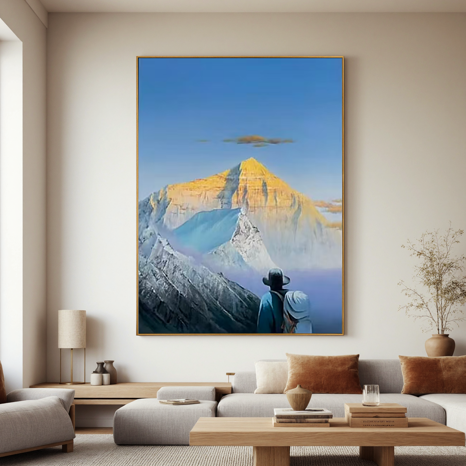 Golden Sunrise Snow Mountain Wall Art, Majestic Alpine Landscape Canvas Painting with Explorer for Living Room Decor #OA 0770