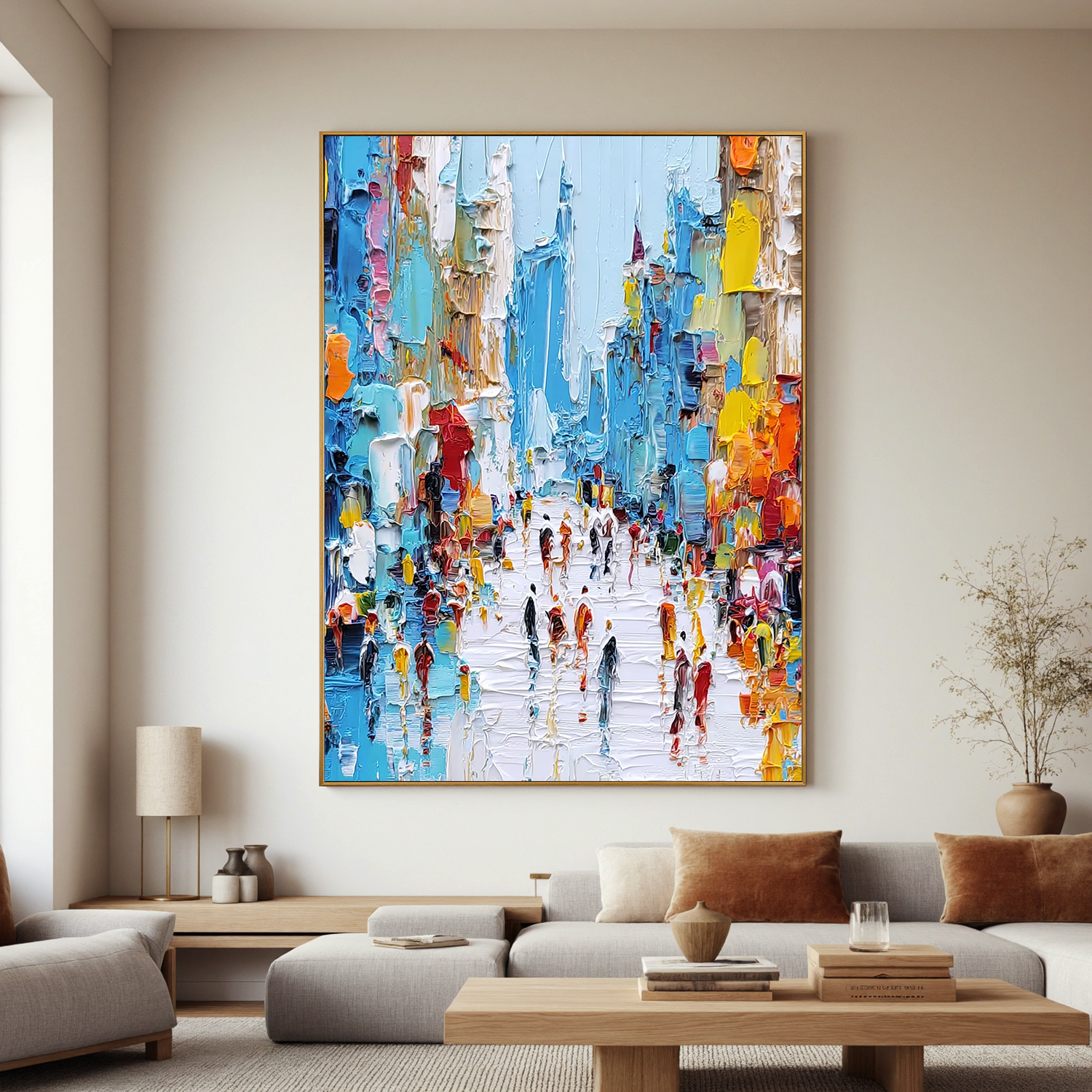 Colorful Abstract City Street Oil Painting, Textured Urban Wall Art for Living Room Decor#OA 0510