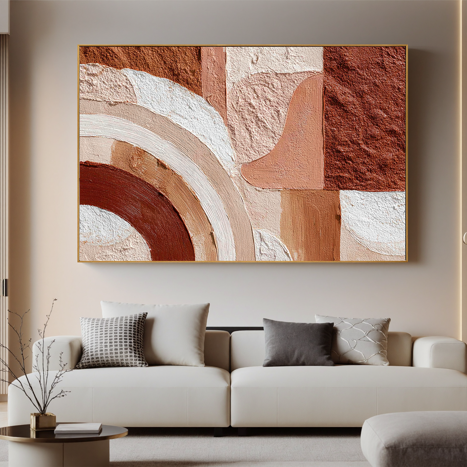 Large Abstract Arch Canvas Wall Art – Earth Tone Textured Minimalist Painting for Modern Living Room#OA 0836