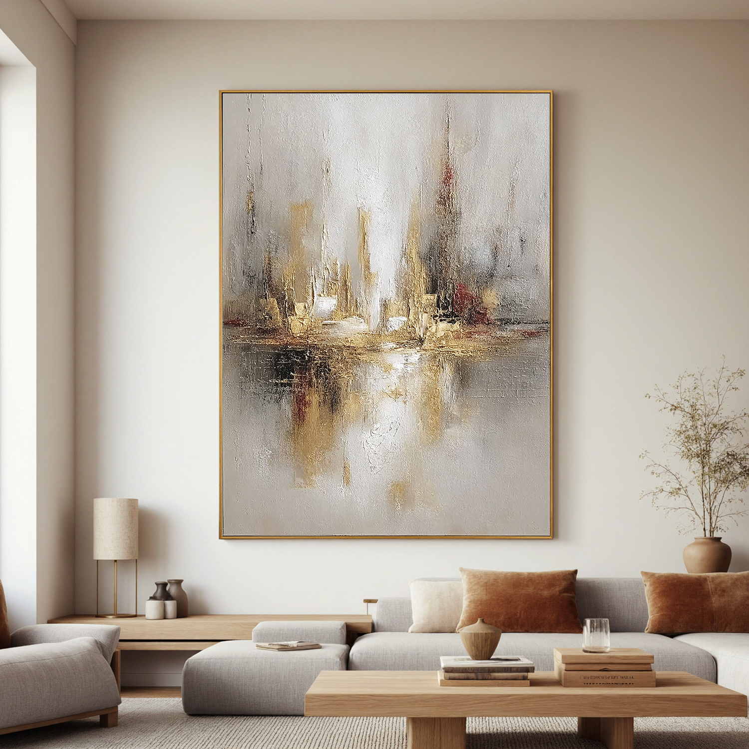 Abstract Cityscape Oil Painting, Neutral Gold Skyline Wall Art for Living Room Decor #OA 0575