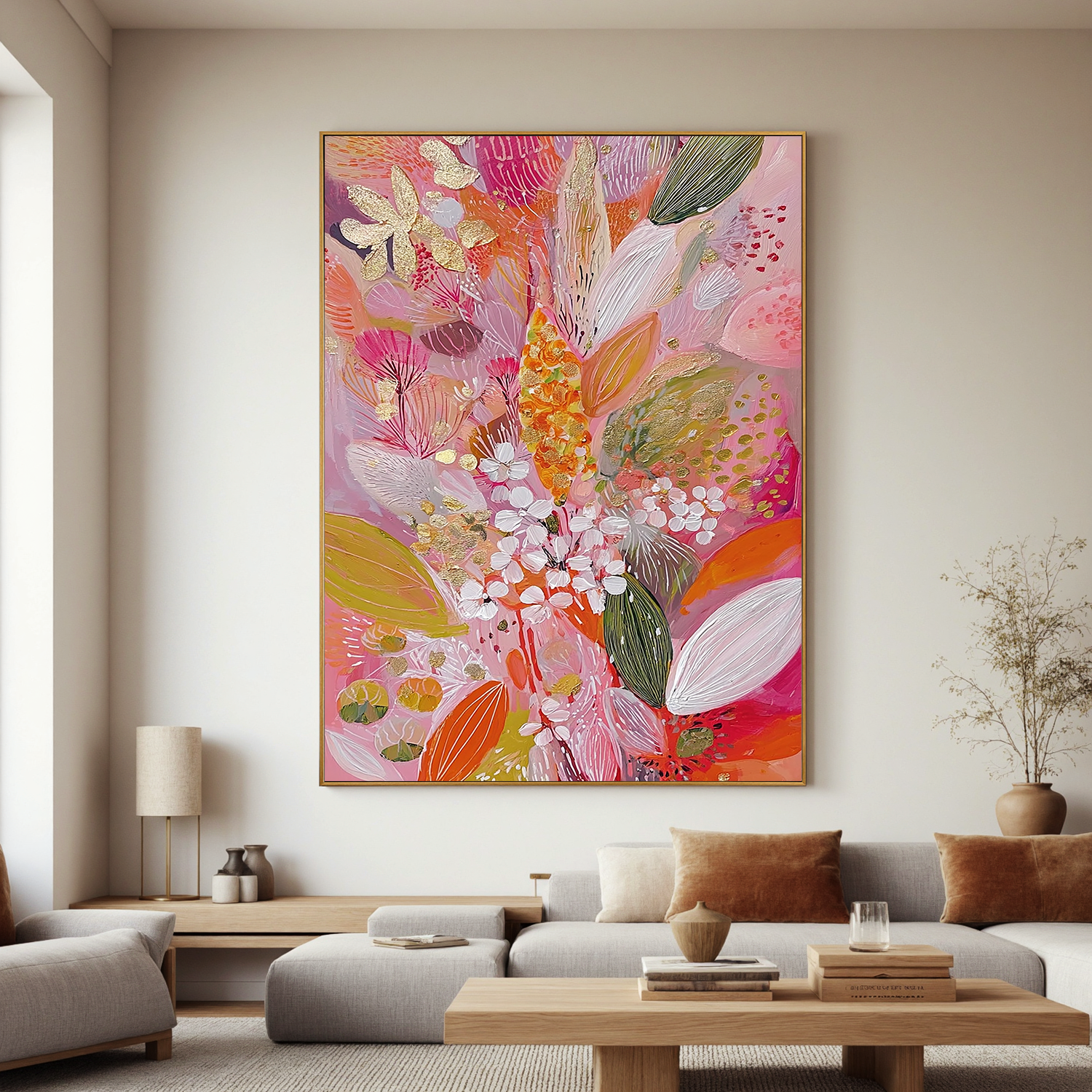 Pink Orange Floral Oil Painting, Colorful Botanical Wall Art for Living Room Decor #OA 0576