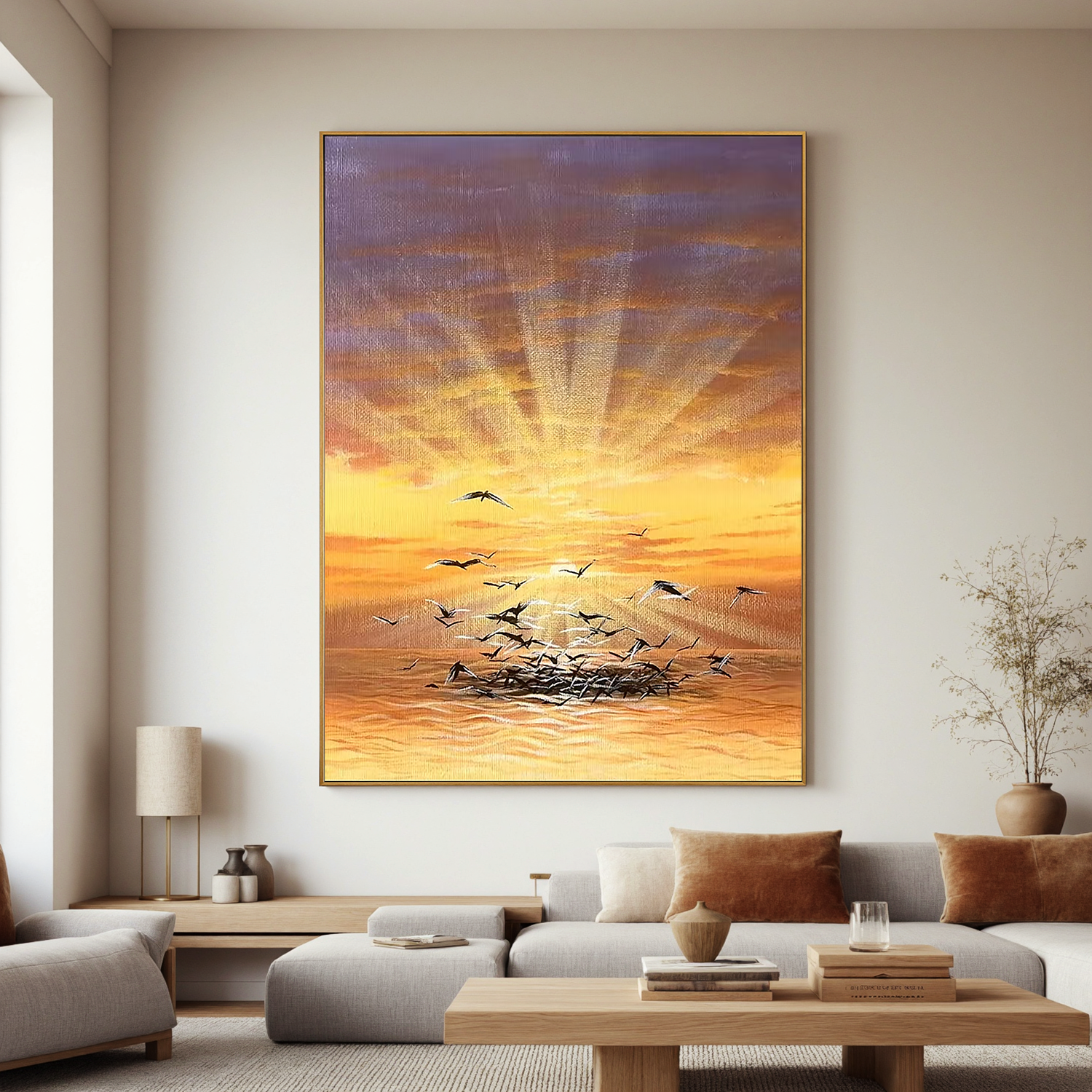Golden Ocean Sunrise Wall Art with Flying Seagulls, Serene Coastal Landscape Canvas Painting for Living Room Decor #OA 0789