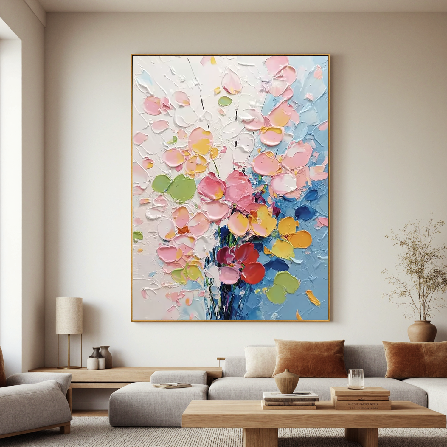 extured Floral Oil Painting, Pastel Flower Wall Art for Living Room Decor #OA 0532
