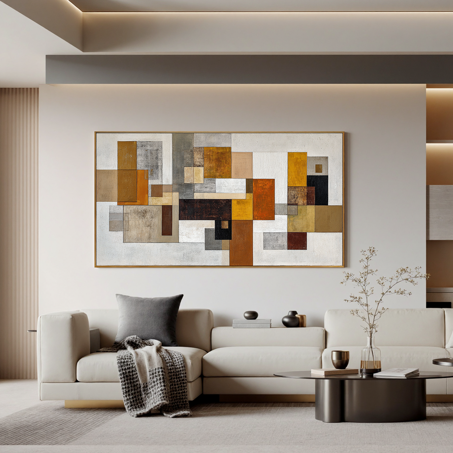 Mid Century Modern Geometric Abstract Canvas Wall Art – Large Horizontal Neutral Beige and Mustard Yellow Painting for Living Room Decor#OA 0866