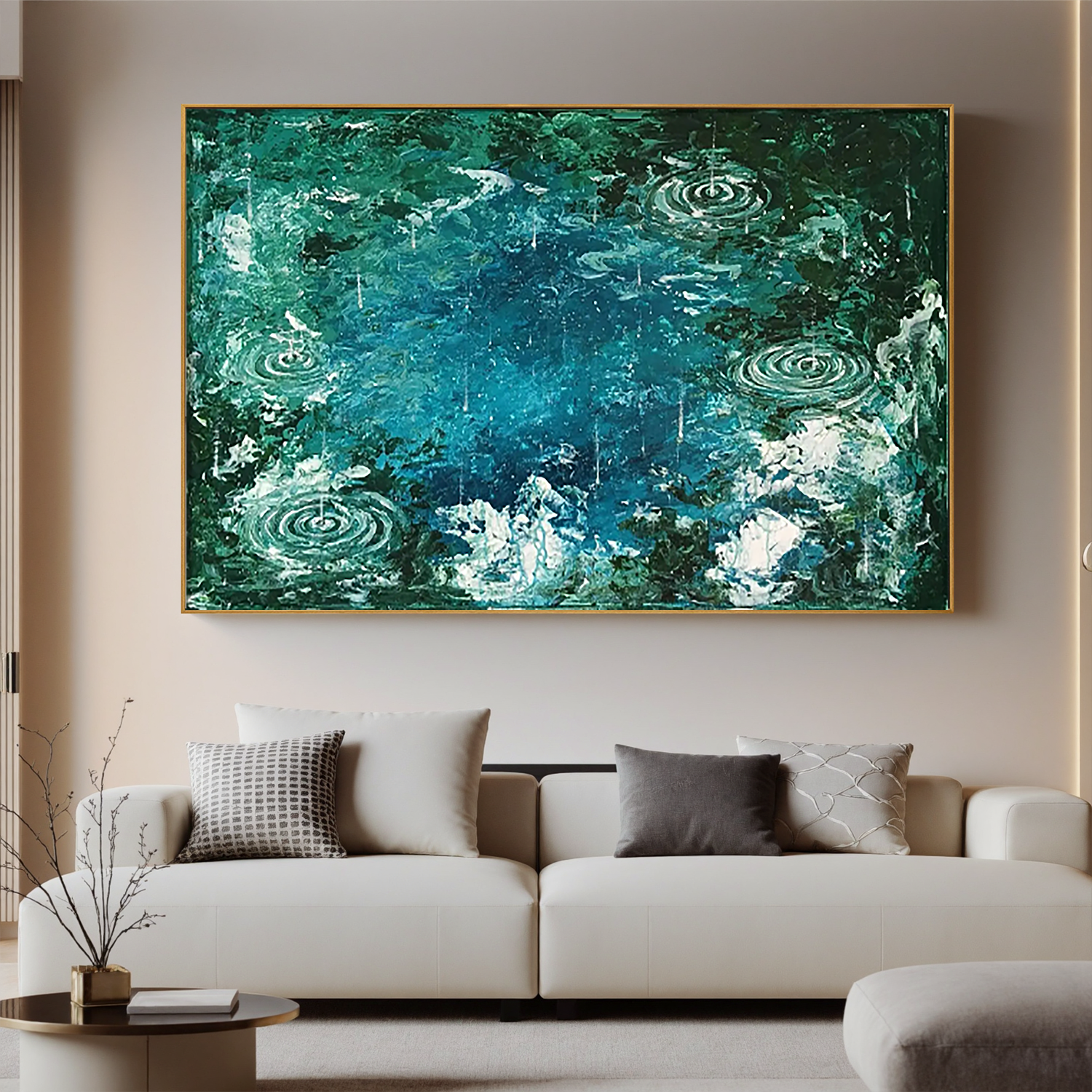 Teal Rain Ripple Oil Painting, Abstract Water Wall Art for Living Room Decor#OA 0609