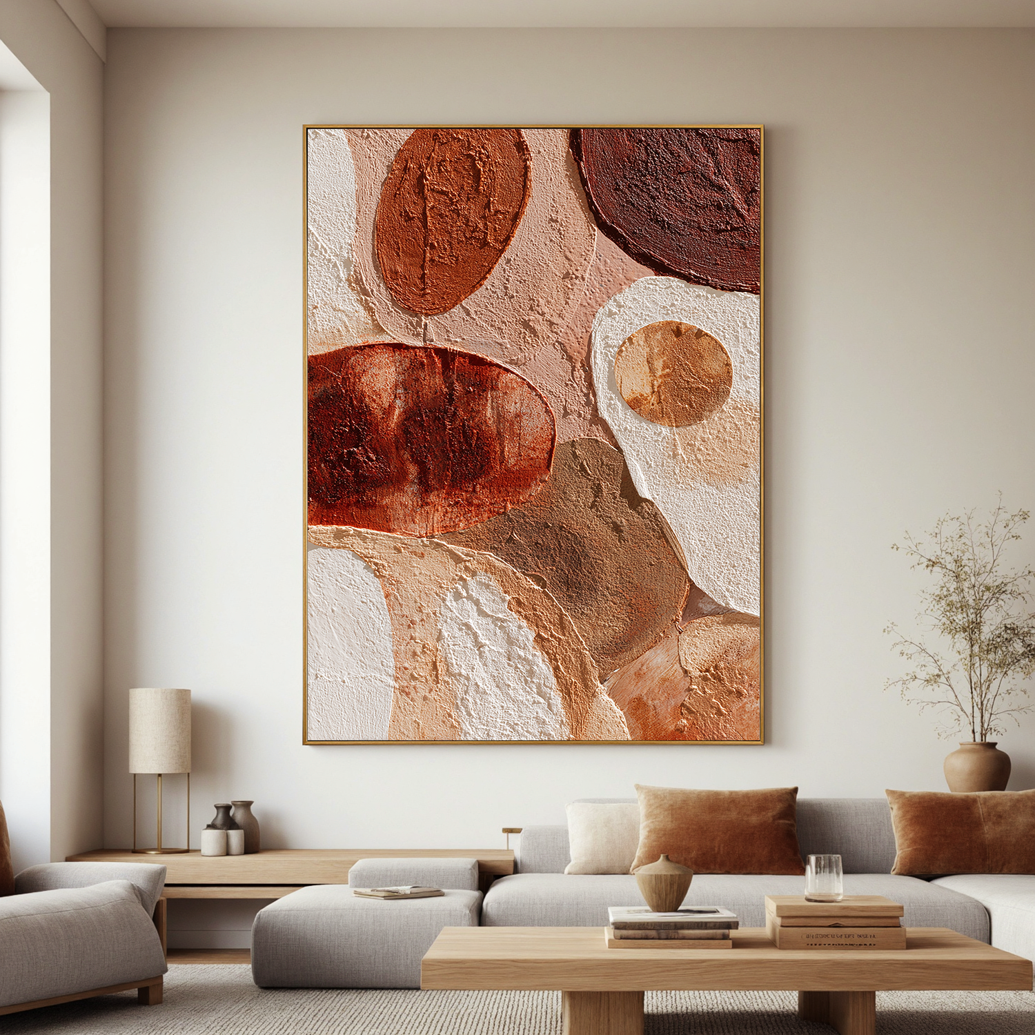 Large Vertical Abstract Circle Canvas Wall Art – Boho Earth Tone Textured Painting for Modern Home Decor#OA 0840