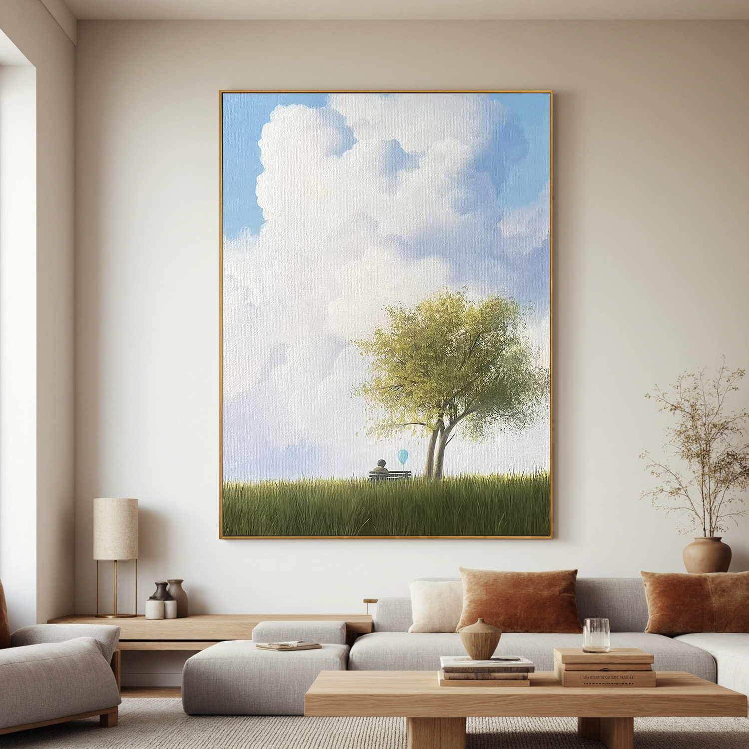 Minimalist Tree and Bench Wall Art with Blue Balloon, Serene Meadow Landscape Canvas Painting for Living Room Decor #OA 0794