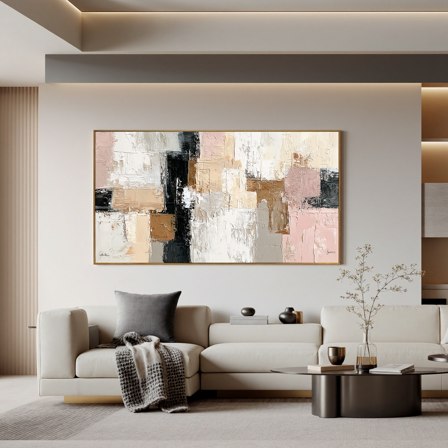 Large Neutral Abstract Canvas Wall Art – Textured Beige Blush Pink Painting for Modern Living Room Decor#OA 0873