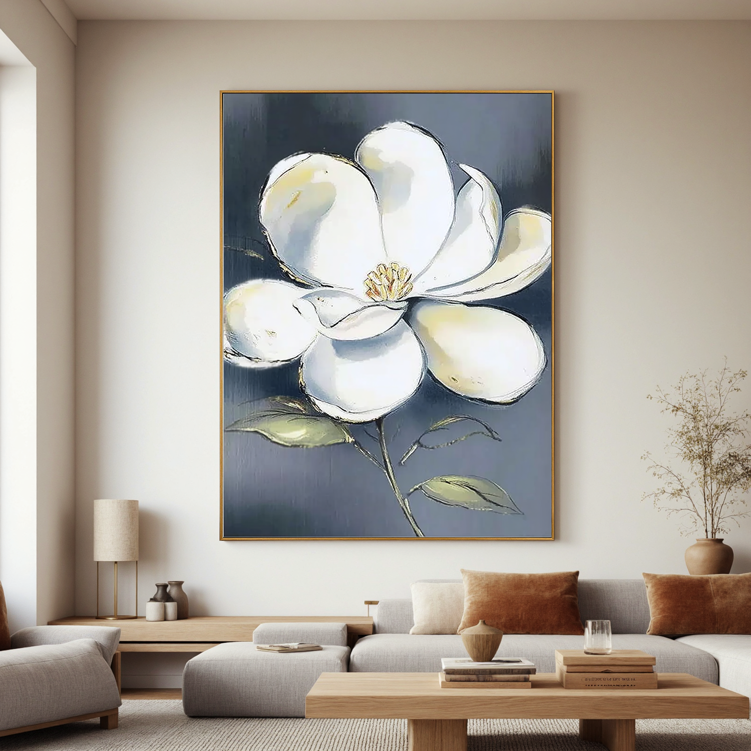White Flower Oil Painting, Minimalist Floral Wall Art on Blue Gray Background for Living Room Decor#OA 0518