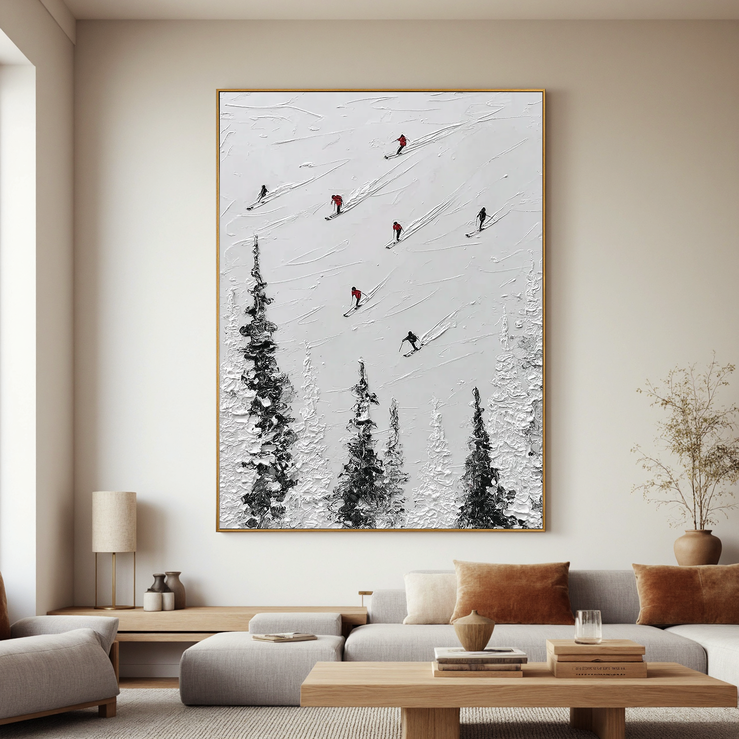 Skiing Oil Painting, Minimalist Snow Mountain Wall Art for Living Room Decor#OA 0561