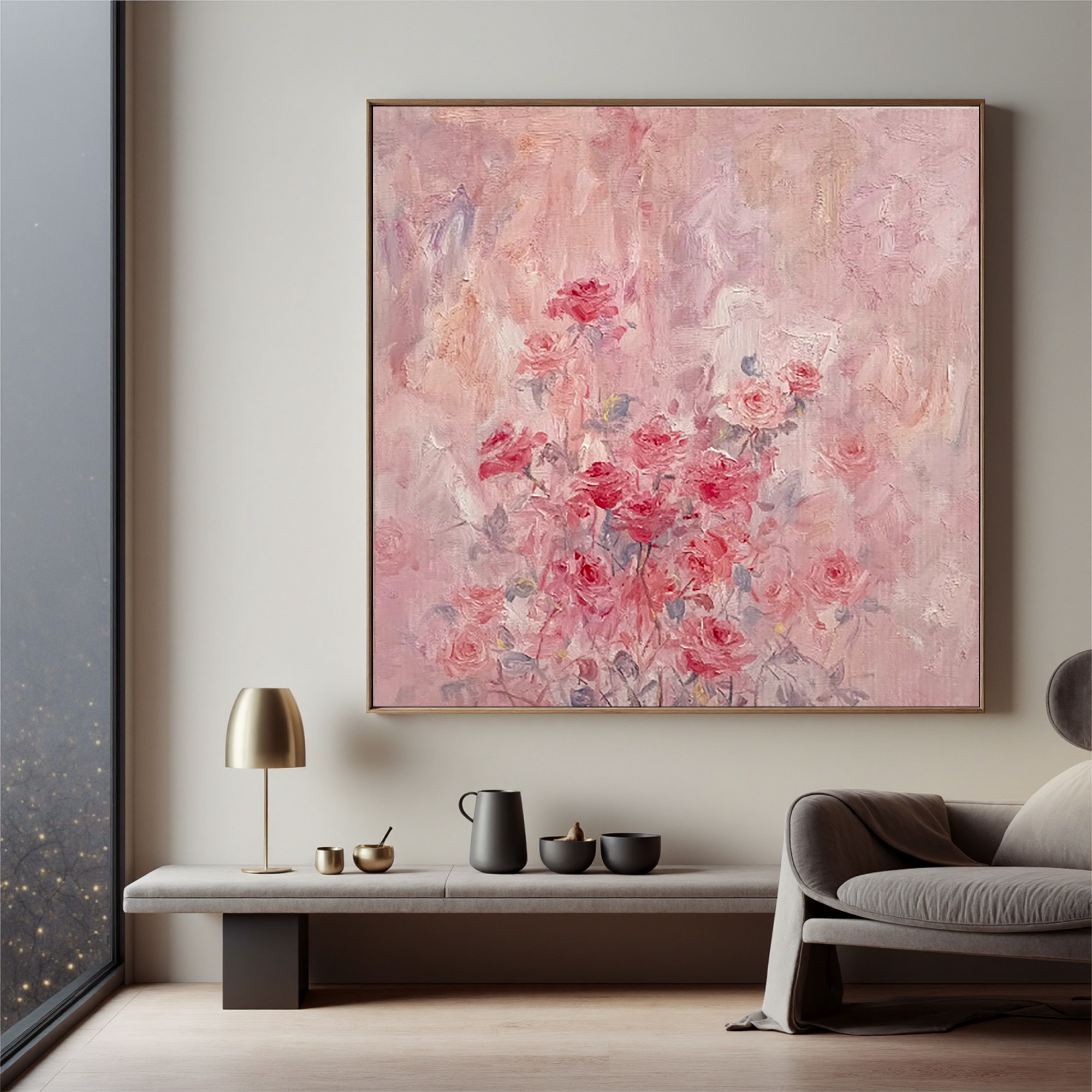 Pink Rose Oil Painting, Soft Romantic Floral Wall Art for Bedroom Decor#OA 0607