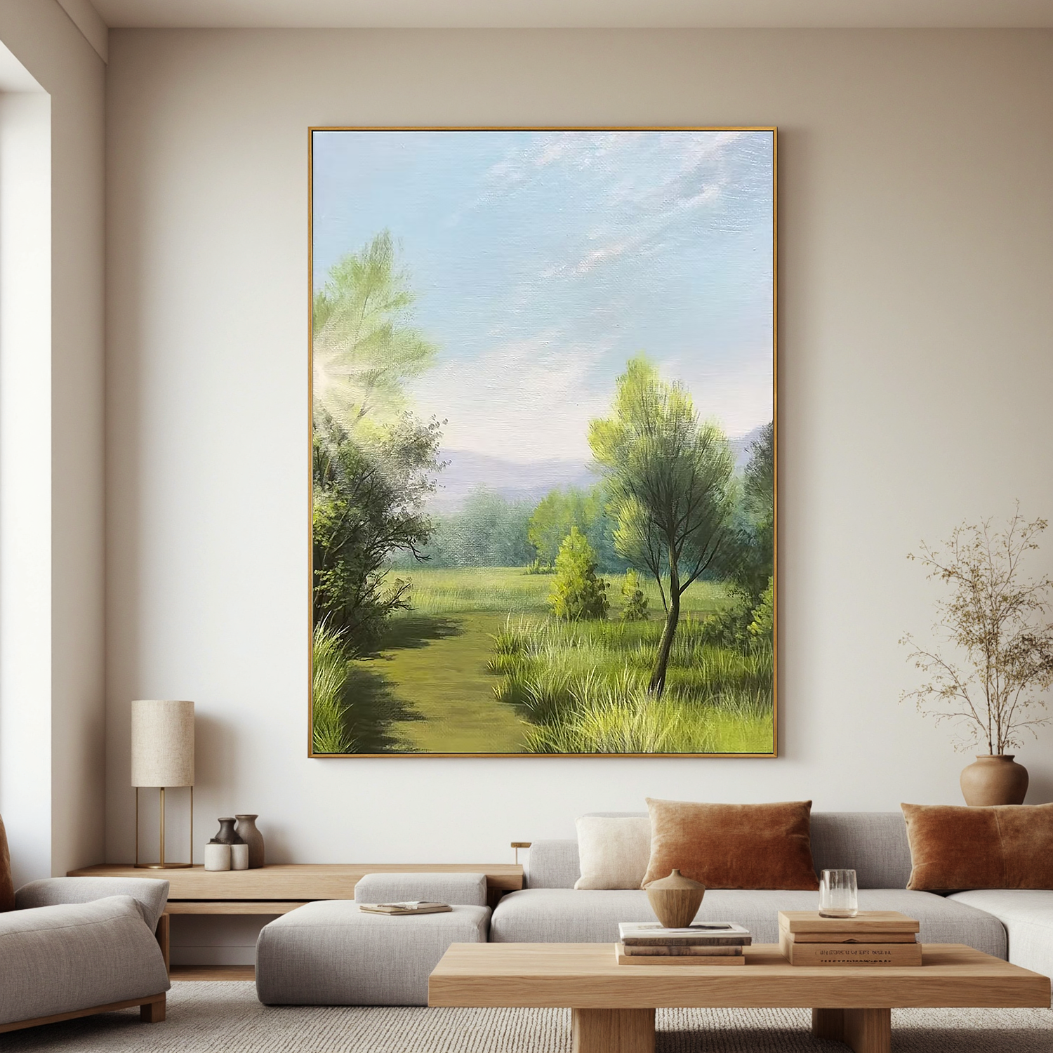 Serene Green Meadow Landscape Wall Art โ Peaceful Countryside Canvas Painting for Living Room Decor #OA 0808