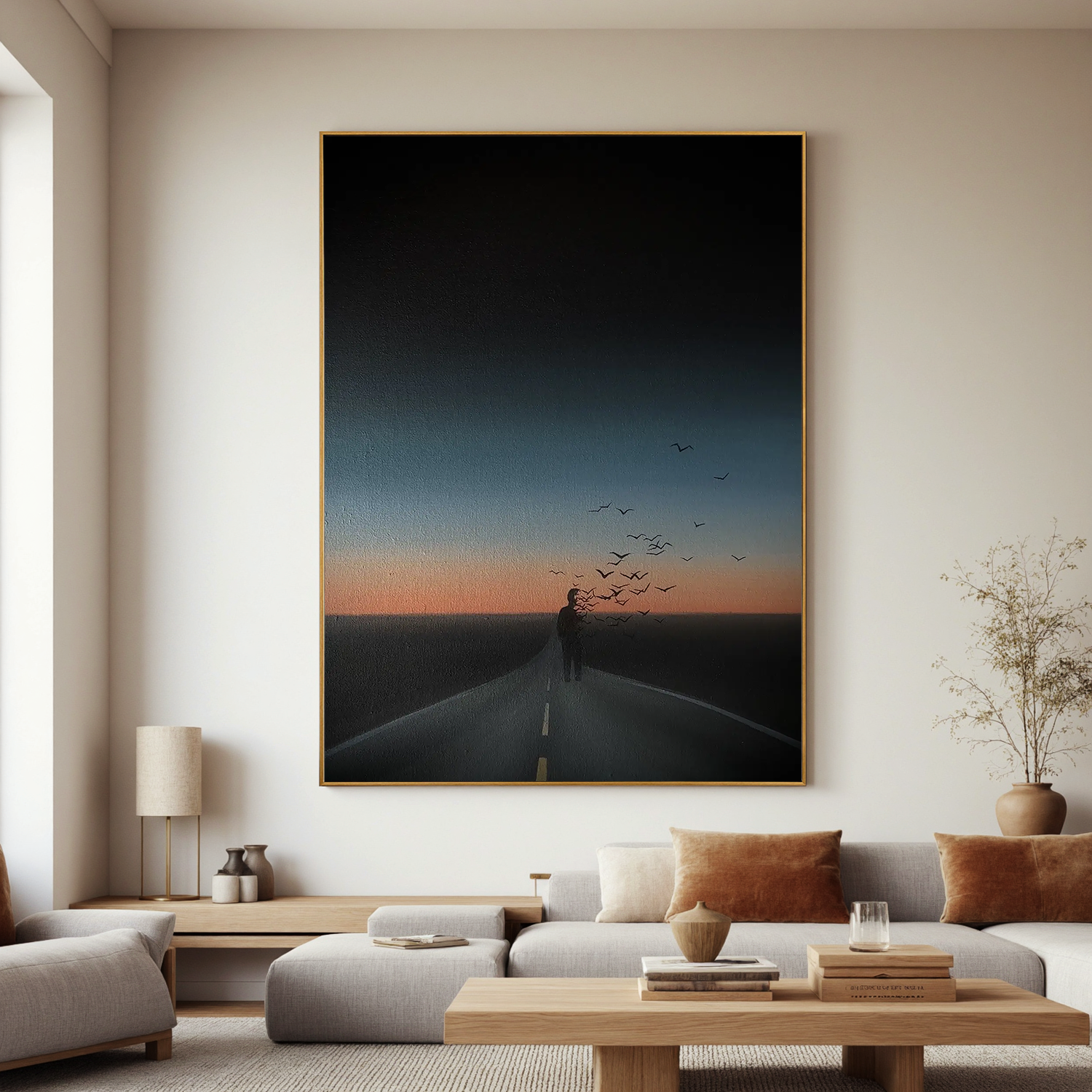 Surreal Lonely Road Wall Art with Flying Birds, Sunset Silhouette Landscape Canvas for Modern Living Room Decor #OA 0749