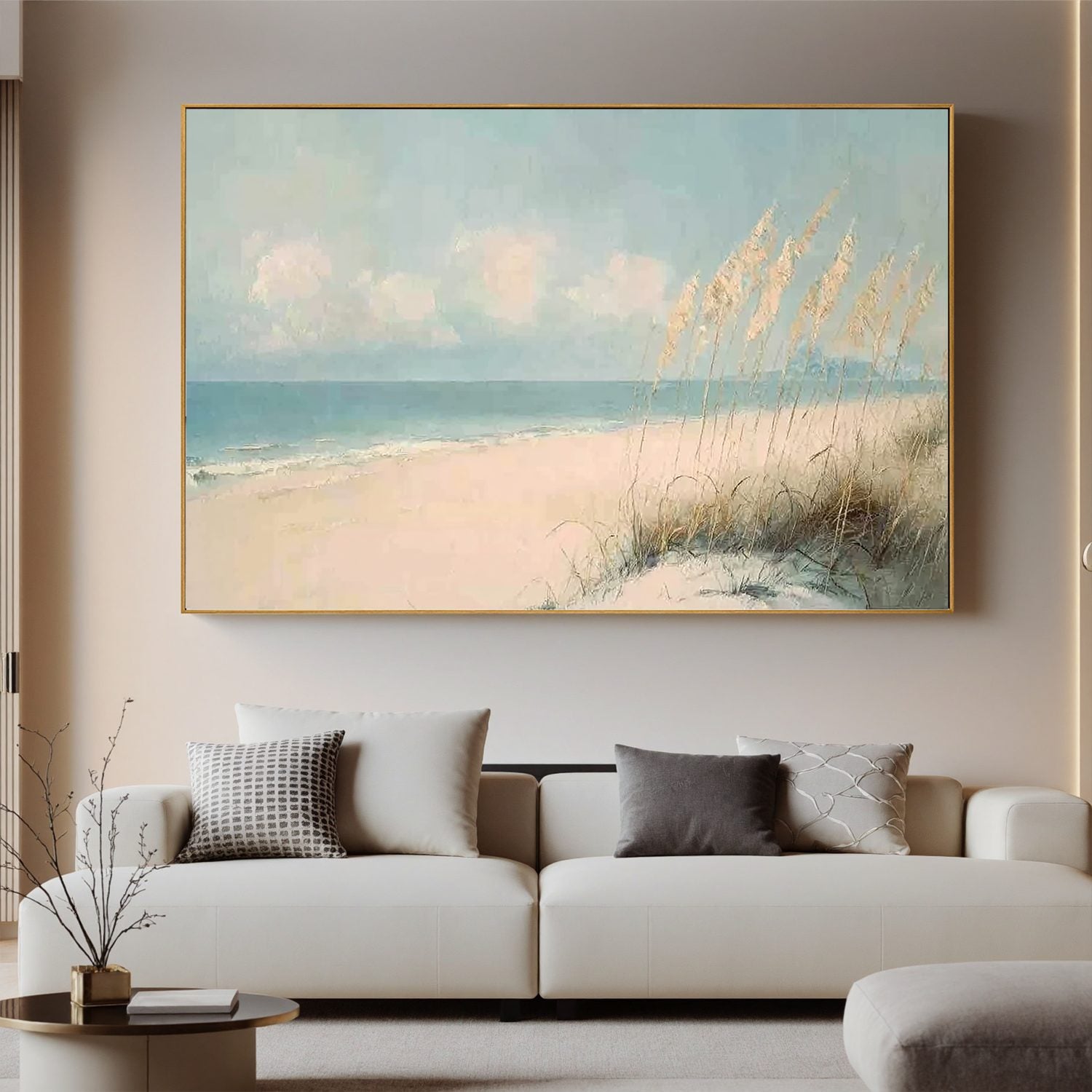 Soft Coastal Beach Wall Art, Serene Ocean Seascape Canvas Painting for Living Room Décor #OA 0419