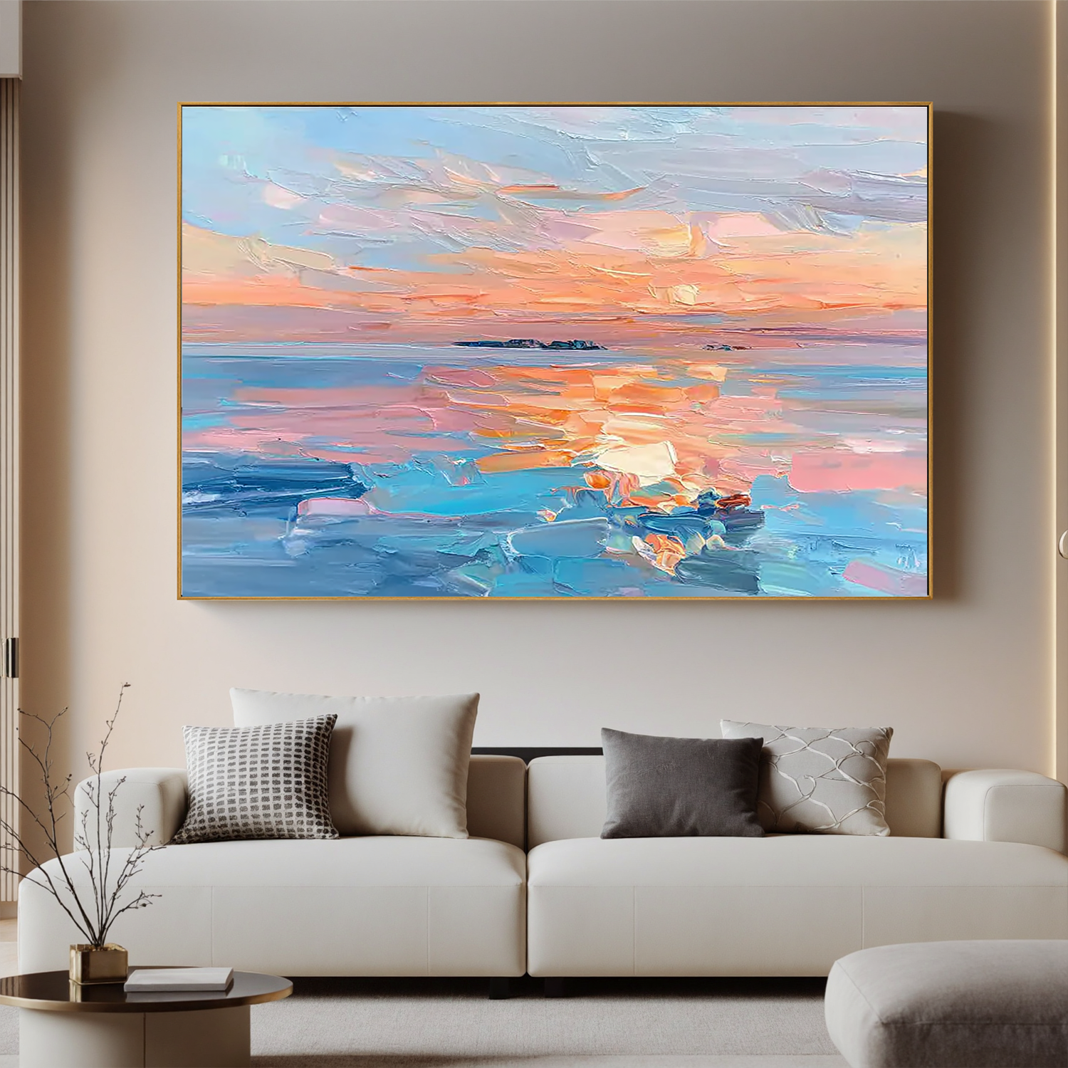 Abstract Sunset Seascape Oil Painting Canvas – Modern Ocean Wall Art for Living Room Coastal Home Decor #OA 0464