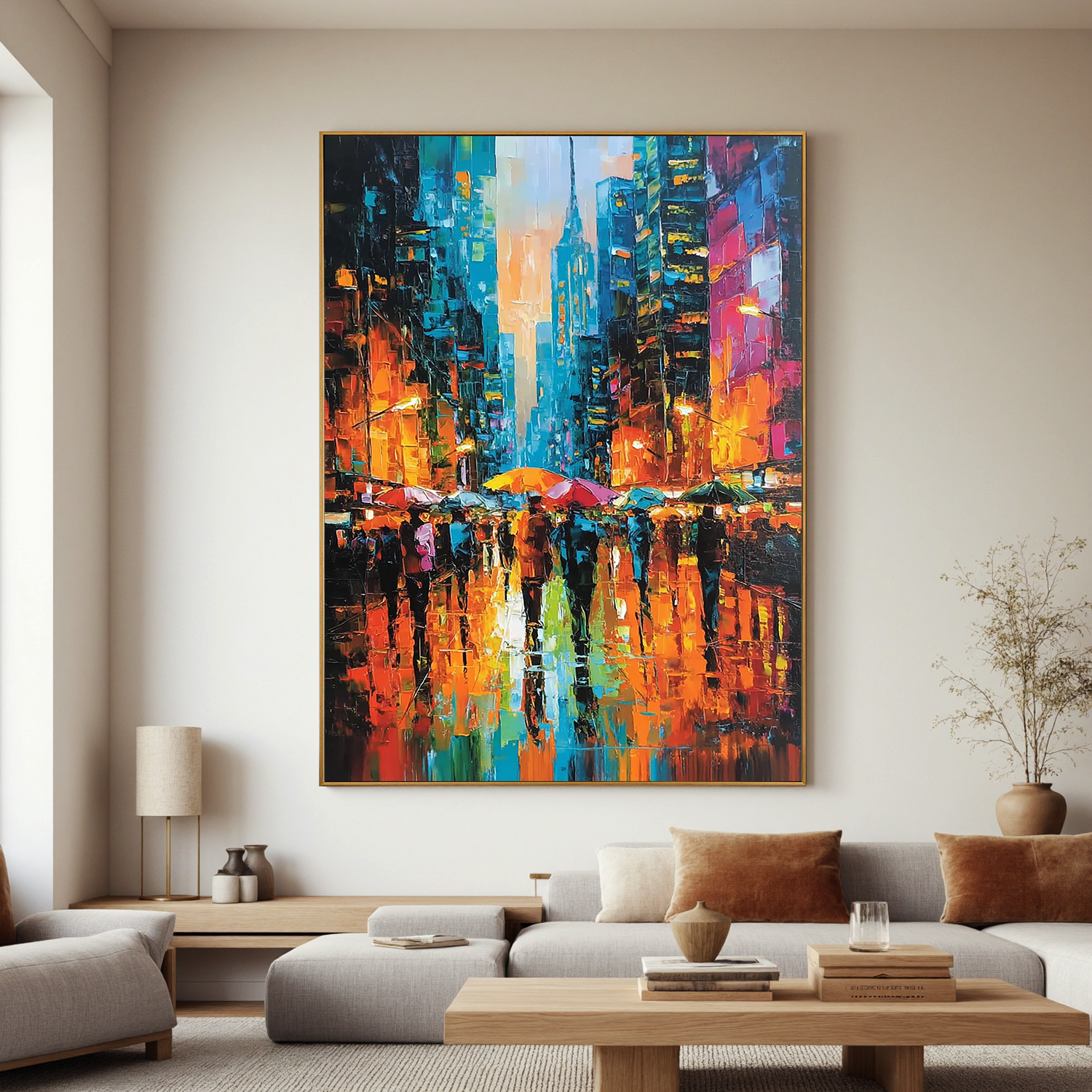 Colorful Rainy City Street Oil Painting, Abstract Urban Wall Art for Living Room Decor#OA 0528