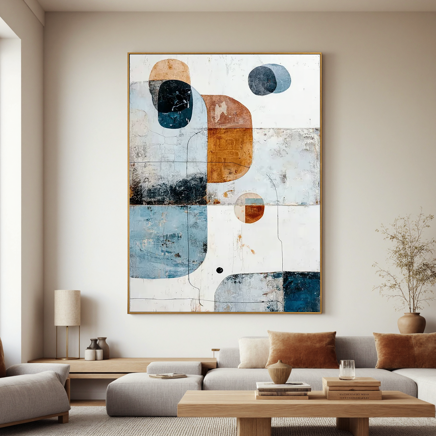Modern Geometric Abstract Oil Painting, Blue and Rust Wall Art for Living Room Decor#OA 0583