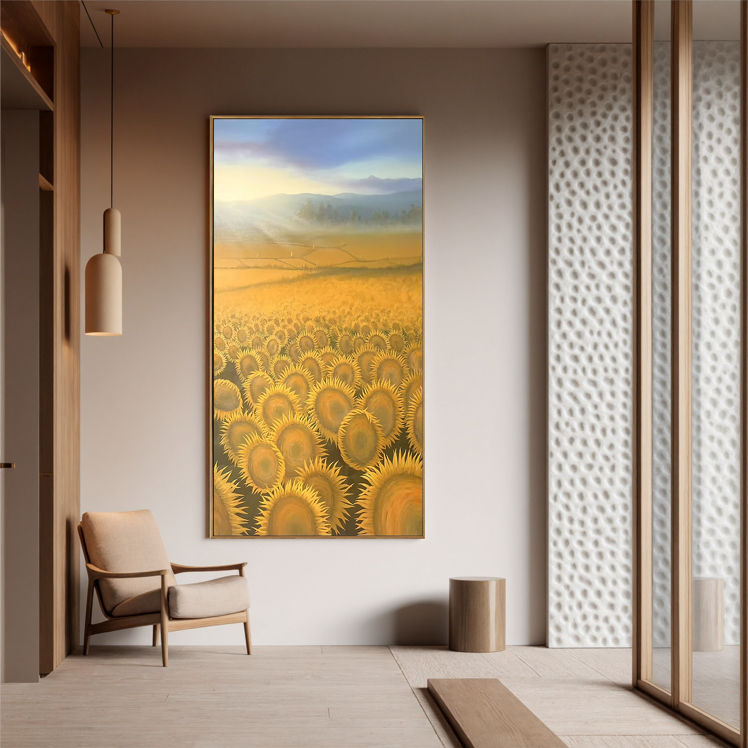 Golden Sunflower Field Landscape Wall Art, Sunrise Countryside Canvas Painting for Living Room Decor #OA 0795