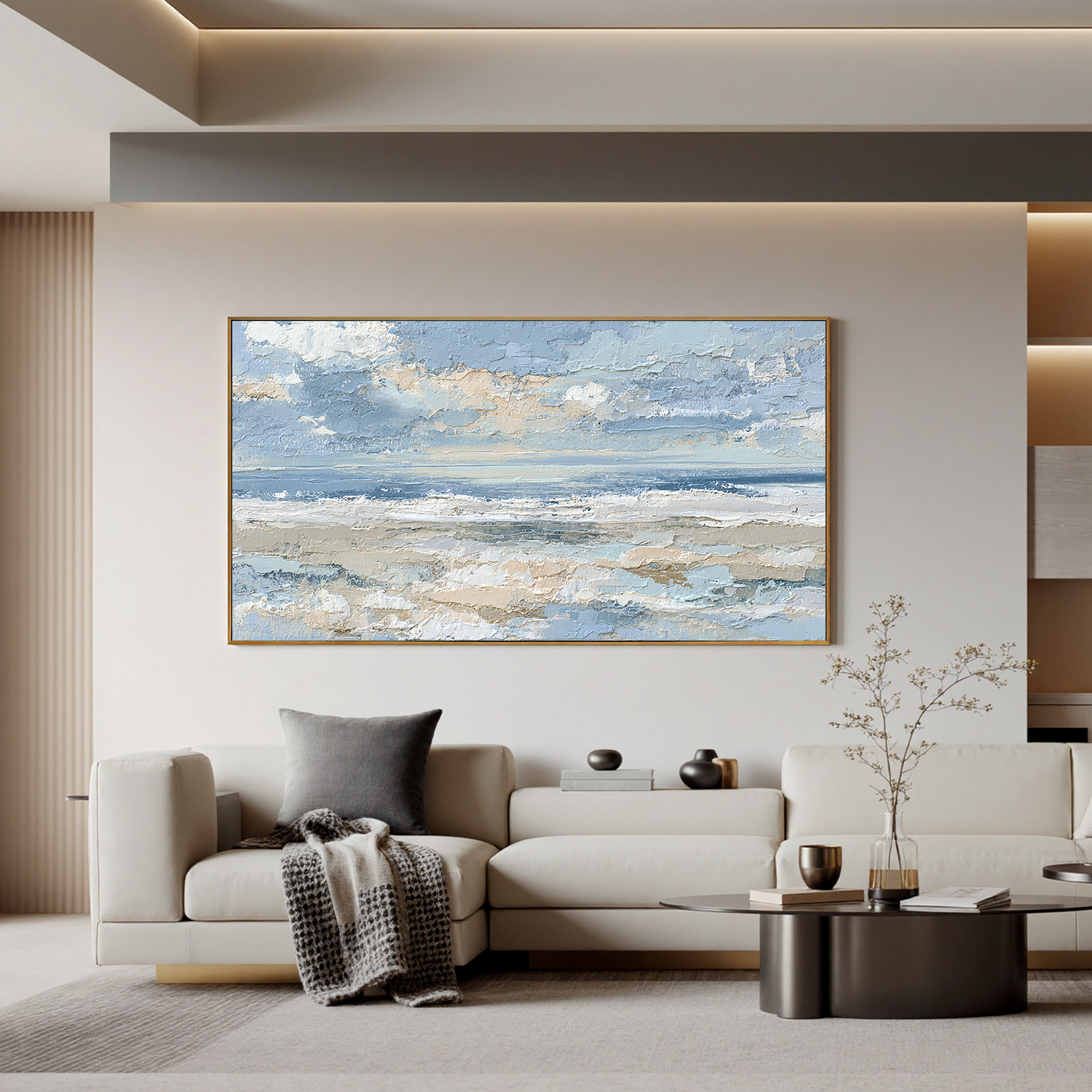 Large Coastal Seascape Canvas Wall Art – Blue Ocean Waves & Sky Painting for Modern Living Room Decor#OA 0843