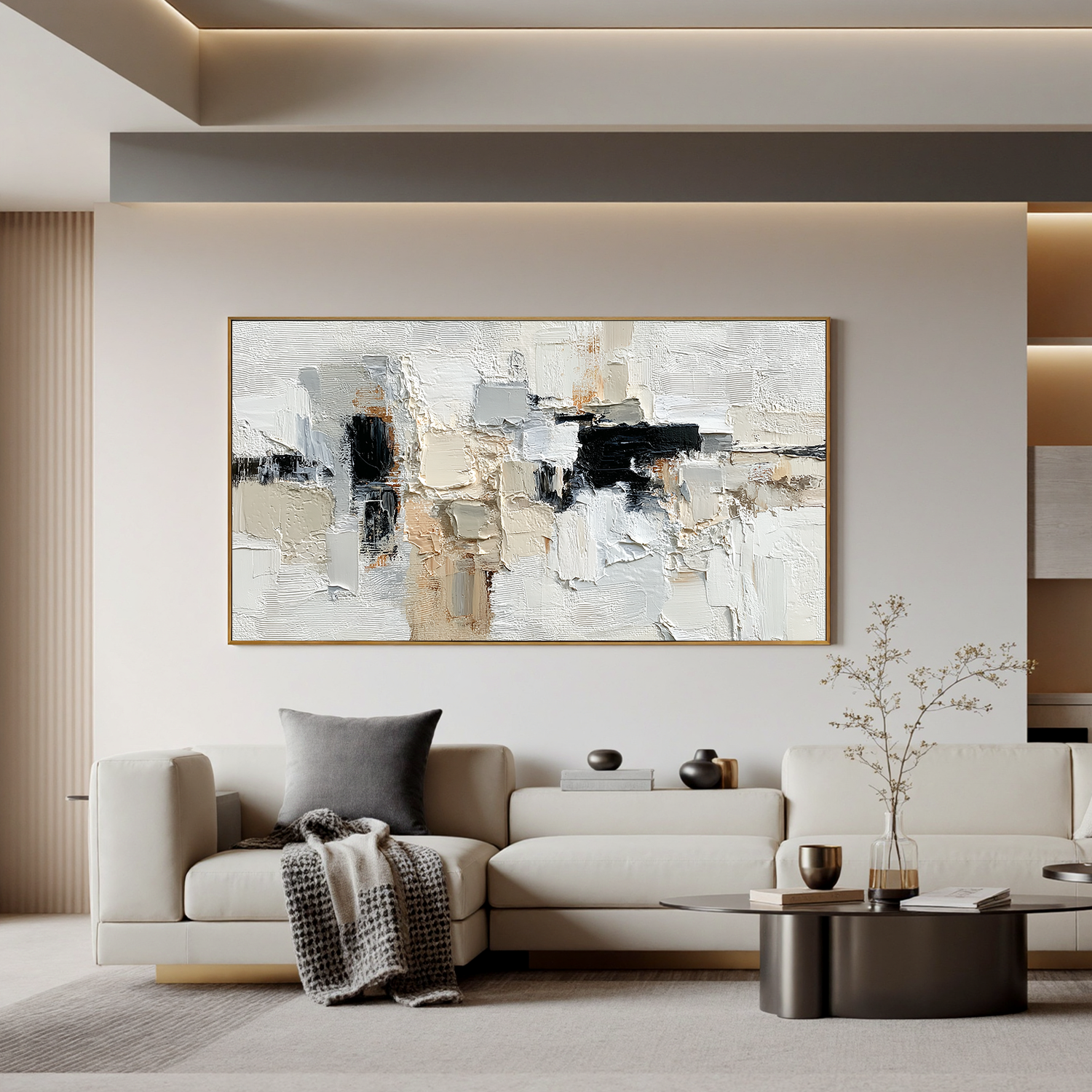 Large Neutral Abstract Canvas Wall Art – Textured Black White Beige Painting for Modern Living Room Decor#OA 0872