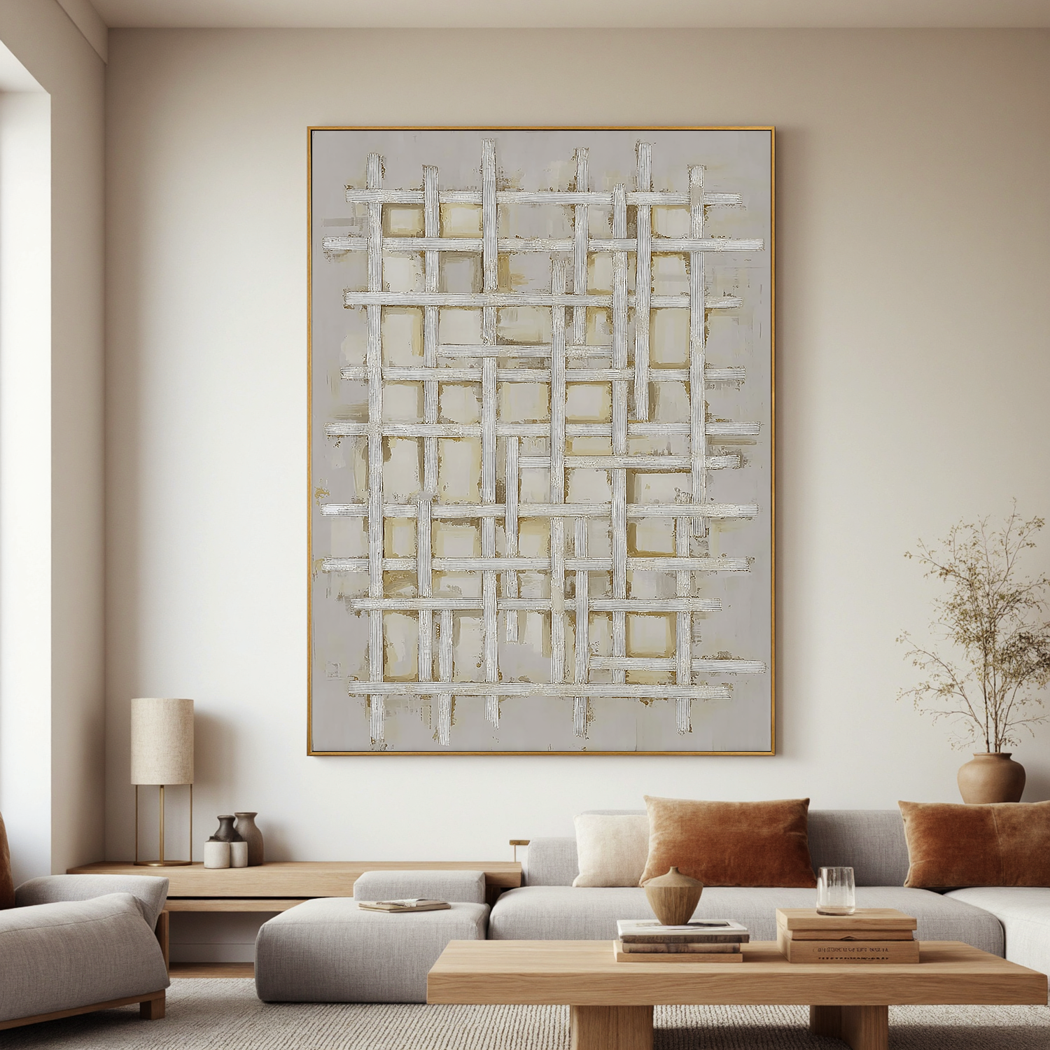 White Textured Abstract Oil Painting, Minimalist Woven Wall Art for Living Room Decor#OA 0559