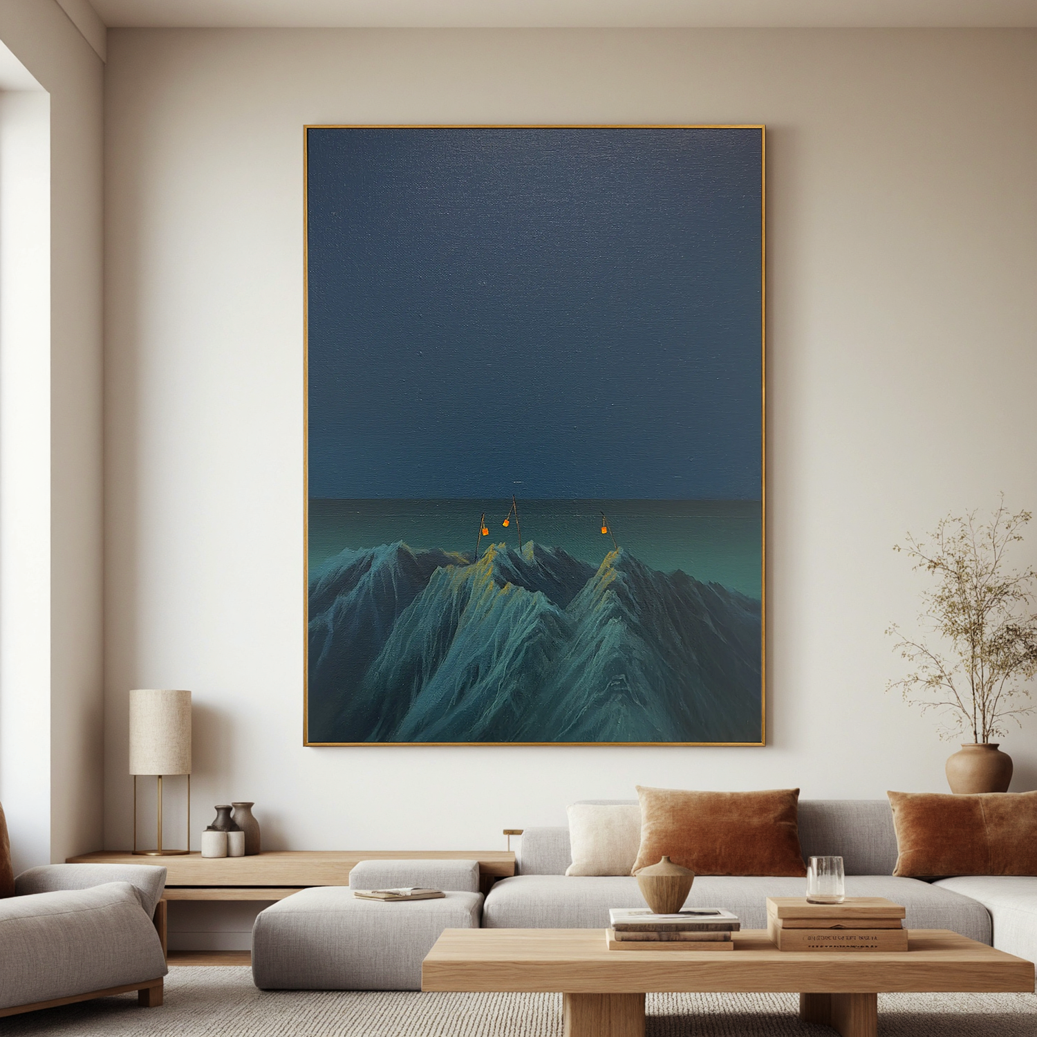 Surreal Mountain Night Wall Art with Hanging Lanterns, Minimalist Blue Landscape Canvas for Living Room Decor #OA 0746