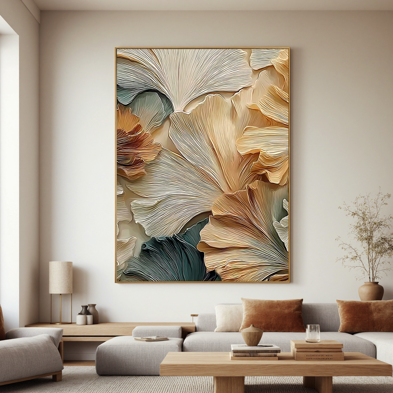 Textured Botanical Oil Painting, Abstract Golden Leaf Wall Art for Living Room Decor#OA 0544
