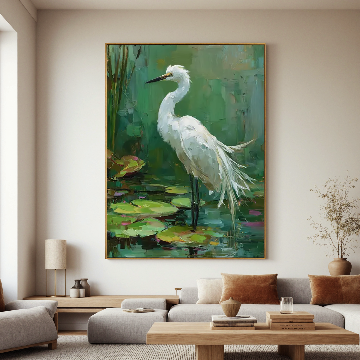 White Egret Bird Wall Art – Impressionist Nature Wildlife Canvas Painting for Living Room Decor