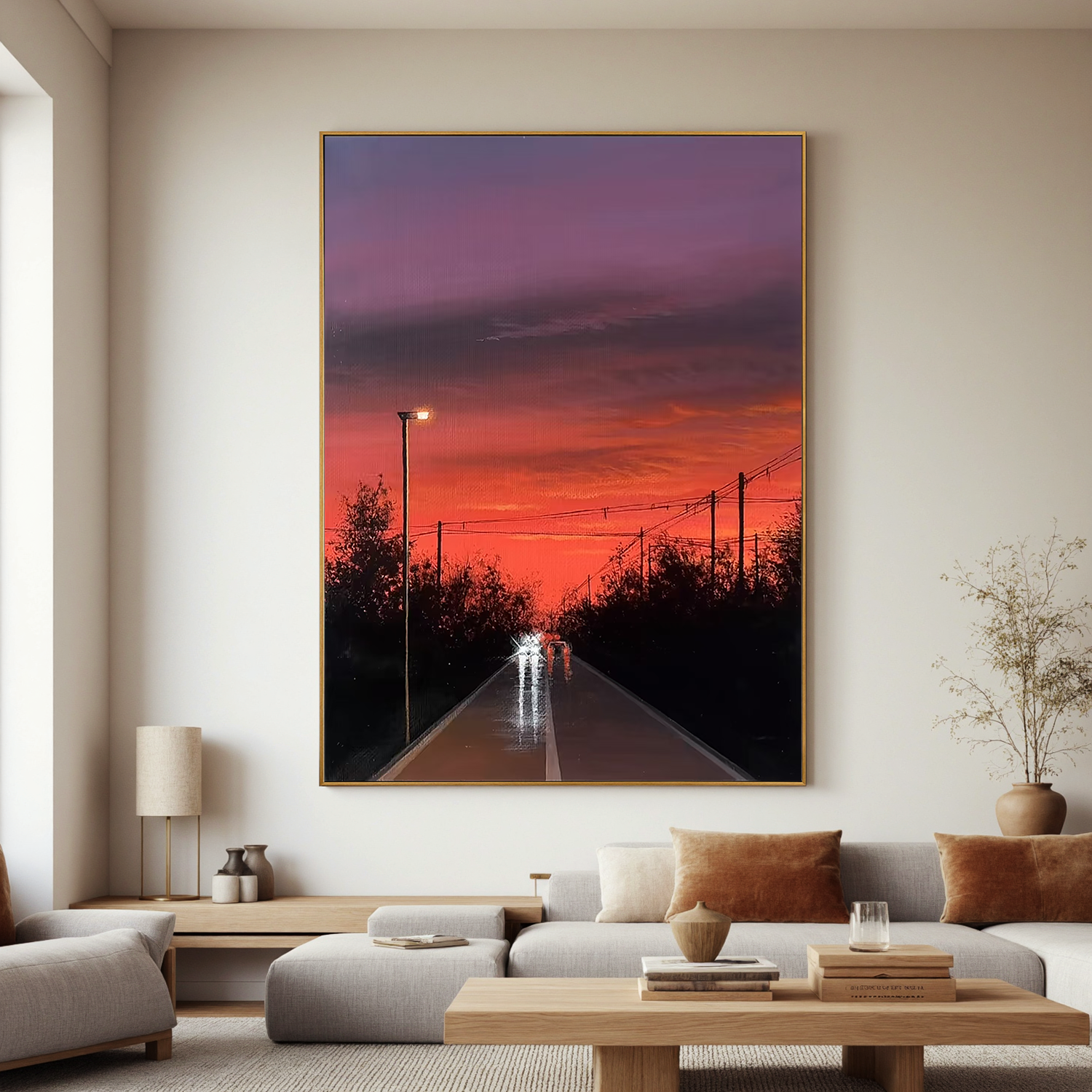 Fiery Sunset Road Wall Art, Moody Urban Landscape Canvas Painting with Streetlight Reflections for Modern Living Room Decor #OA 0788