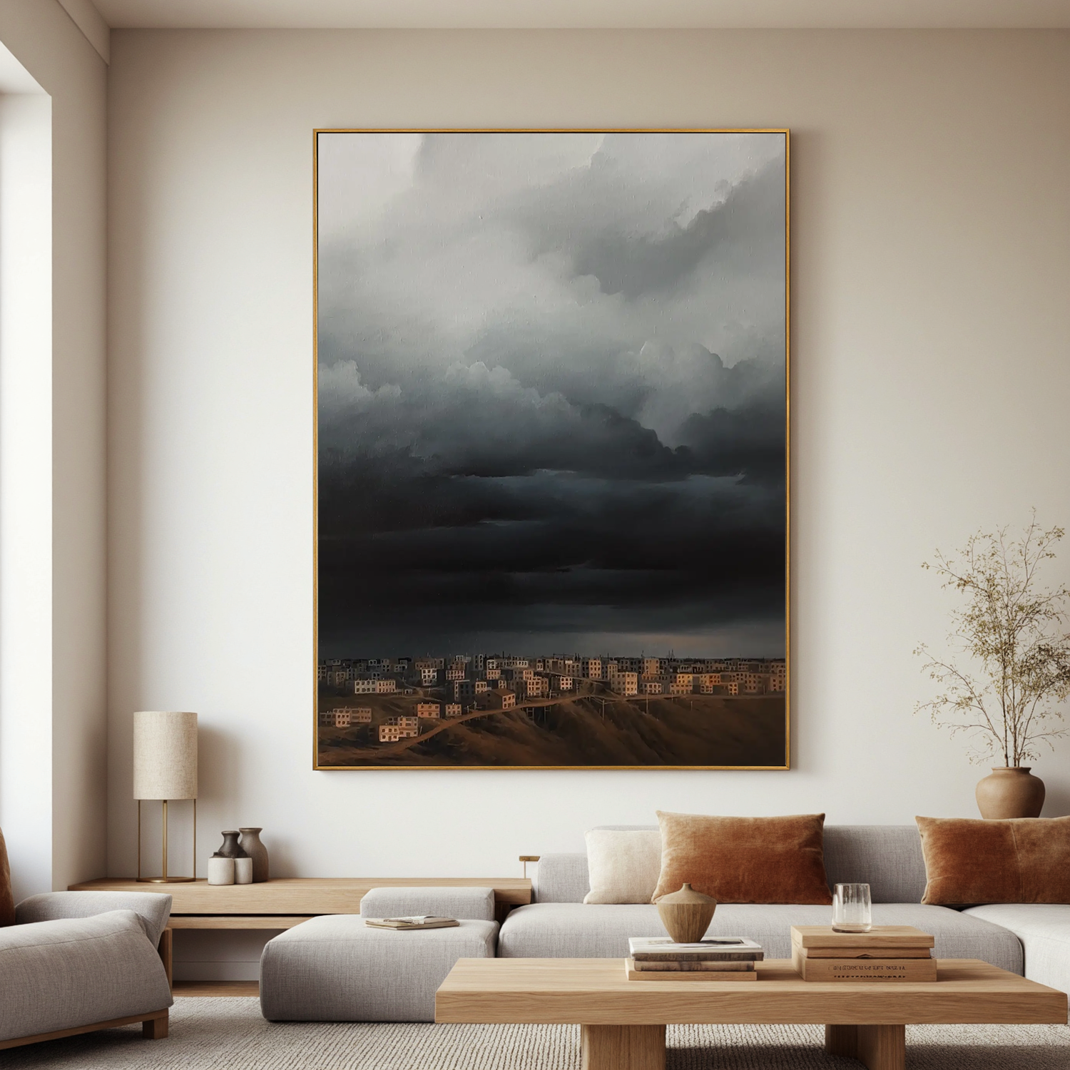 Dramatic Storm Clouds Over City Wall Art, Moody Urban Landscape Canvas Painting for Living Room Decor #OA 0760