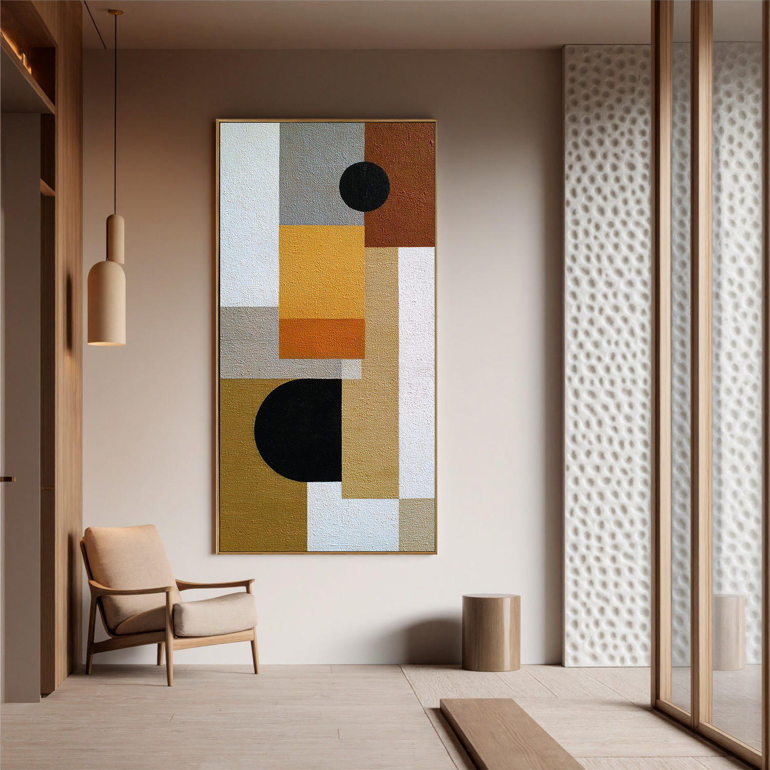 Mid Century Modern Geometric Abstract Canvas Wall Art – Neutral Beige and Mustard Yellow Vertical Painting for Living Room Decor#OA 0864