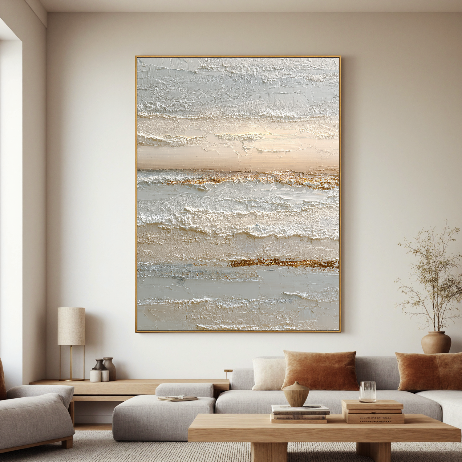 Neutral Abstract Canvas Wall Art – Textured Minimalist Painting in Cream and Beige for Living Room Decor#OA 0856