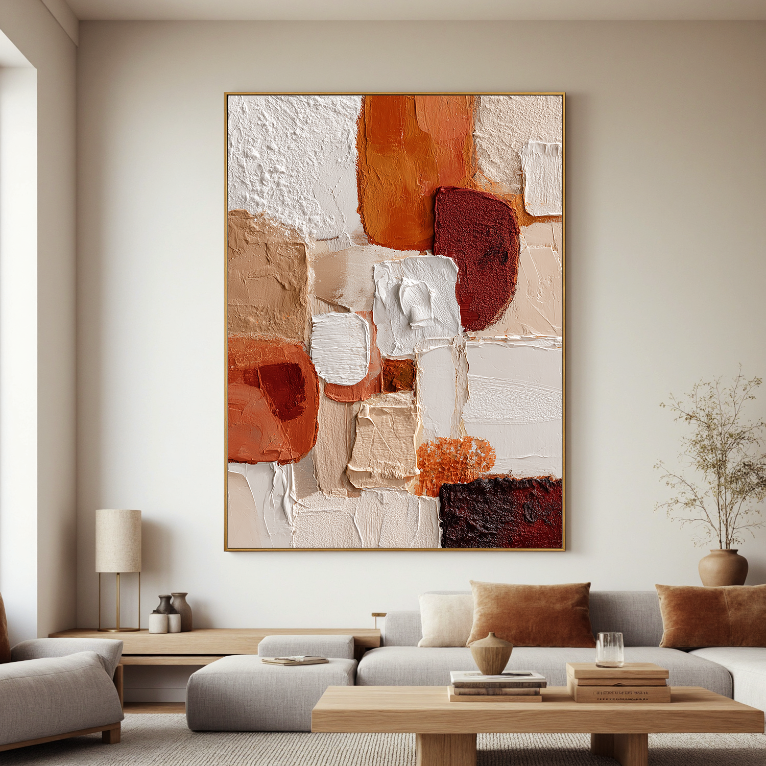 Large Vertical Abstract Canvas Wall Art – Earth Tone Textured Painting for Modern Living Room Decor#OA 0839