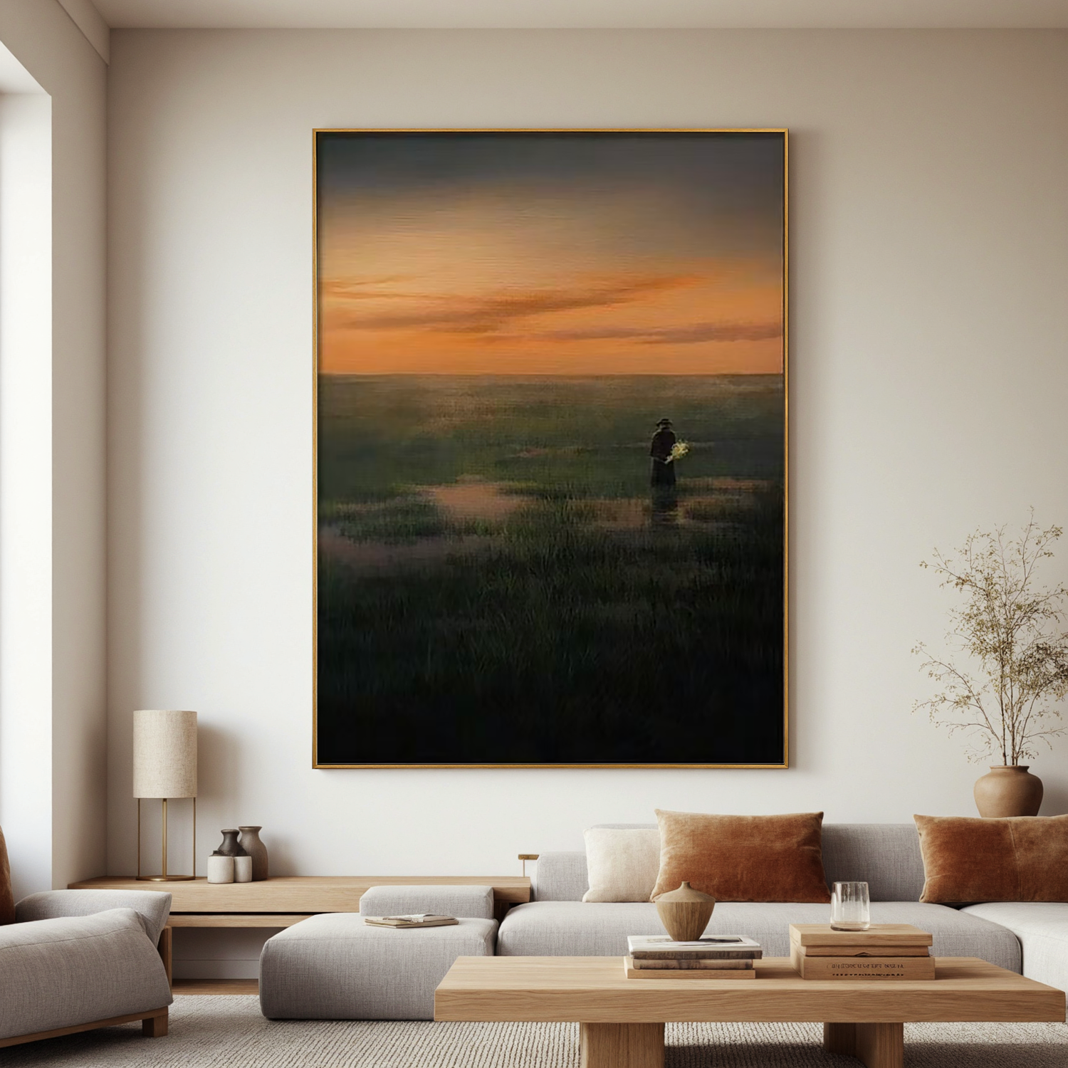Solitary Figure at Sunset Wall Art, Serene Wetland Landscape Canvas Painting for Living Room Decor #OA 0729