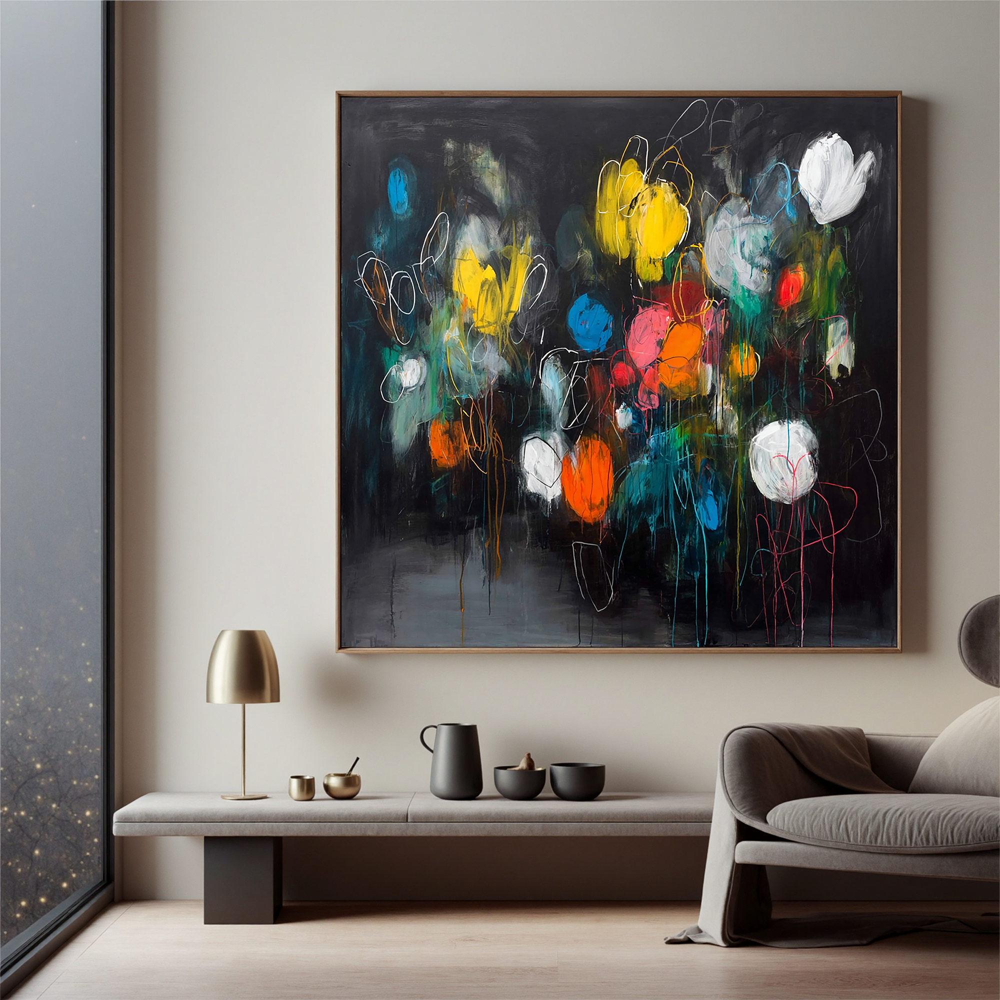 Abstract Dark Floral Oil Painting Canvas – Modern Colorful Wall Art for Living Room Contemporary Home Decor#OA 0466