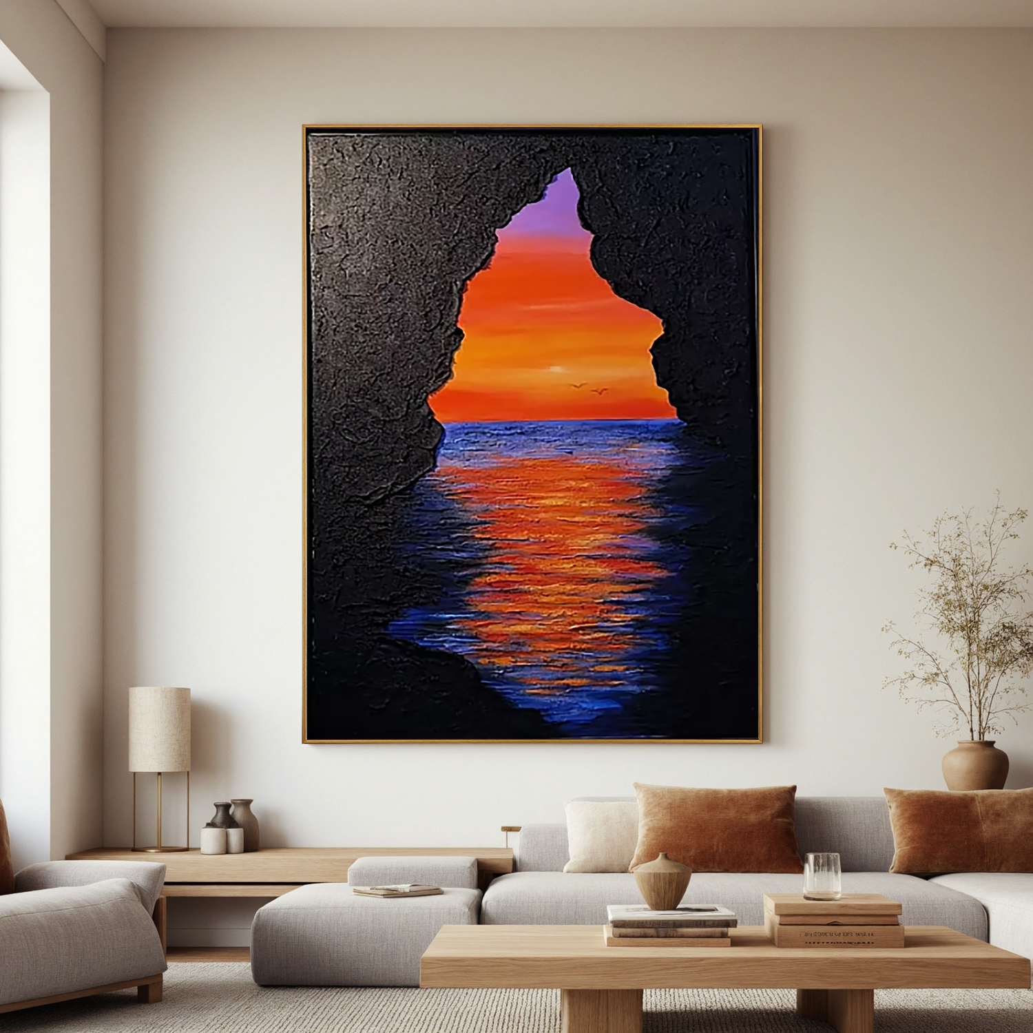 Sunset Ocean Cave Oil Painting, Dramatic Seascape Wall Art for Living Room Decor#OA 0597